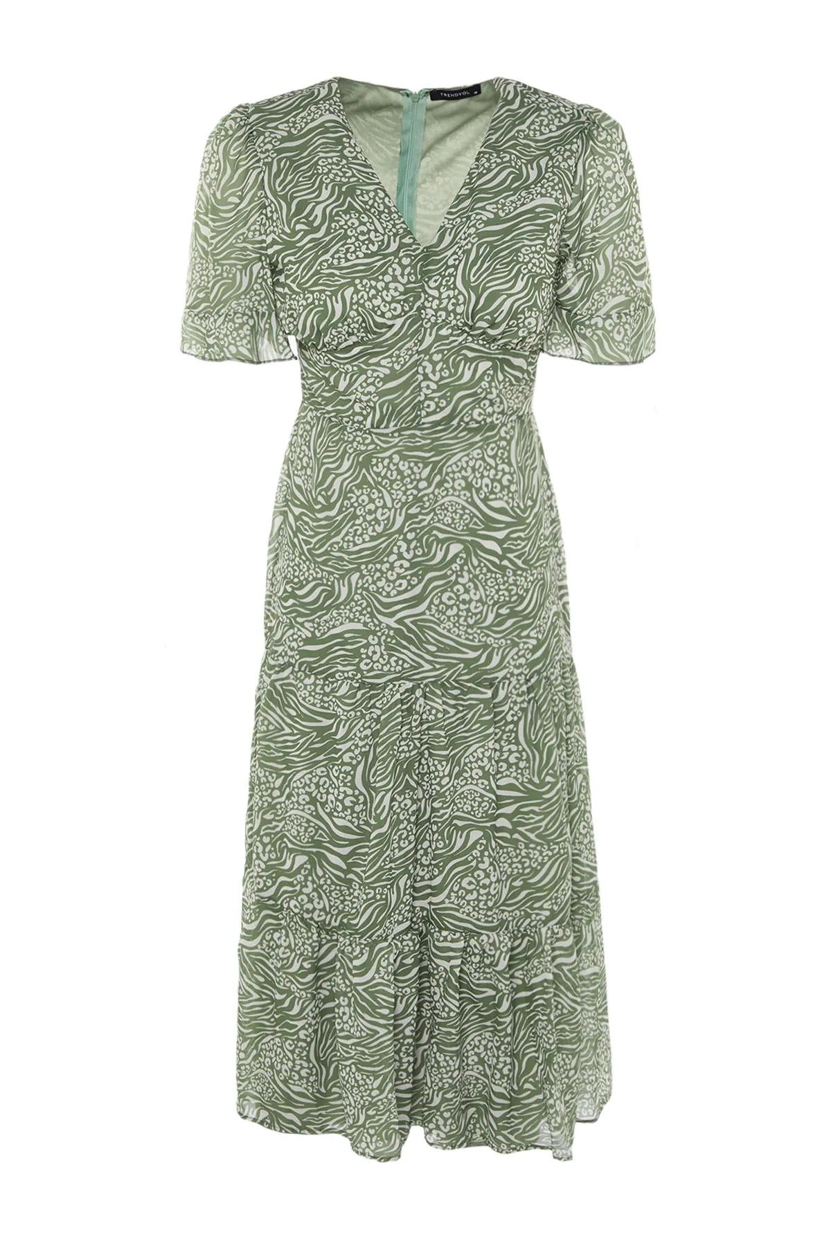Trendyol Collection  Grünes, gewebtes Kleid in A-Linie/Glockenform mit Tiermuster und Rüschen in Midi-Länge TWOSS23EL00995