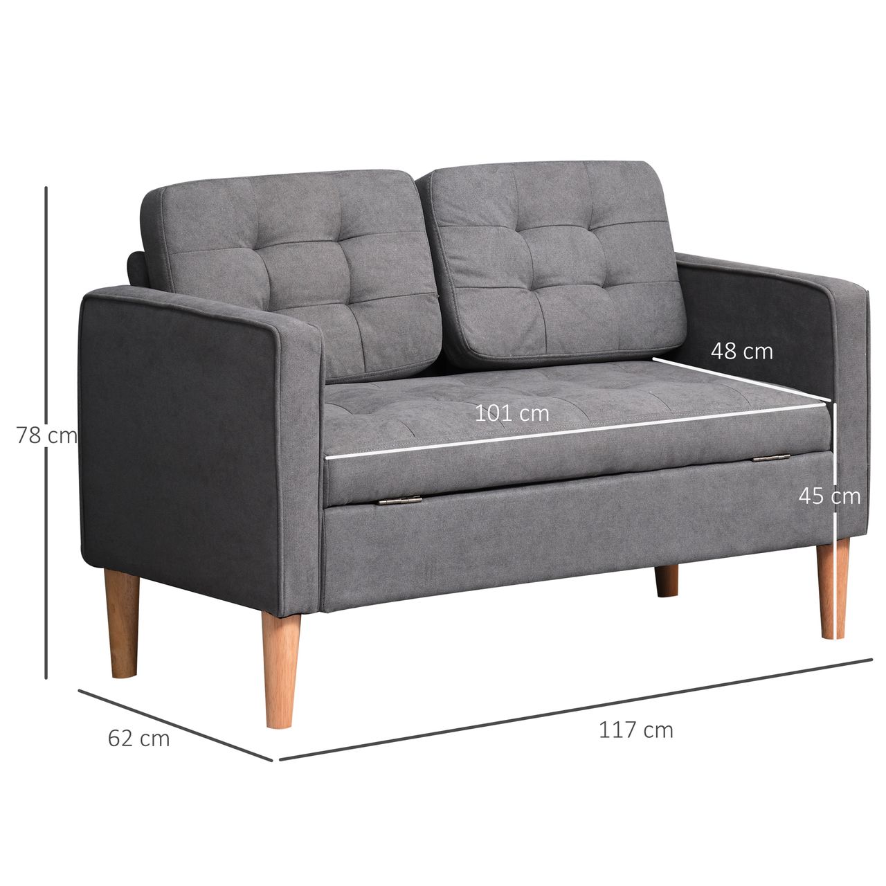 HOMCOM 2-Sitzer Sofa Stoffsofa Doppelsofa abnehmbar mit Kissen Gummiholz Baumwoll Grau 117 x 62 x 78 cm