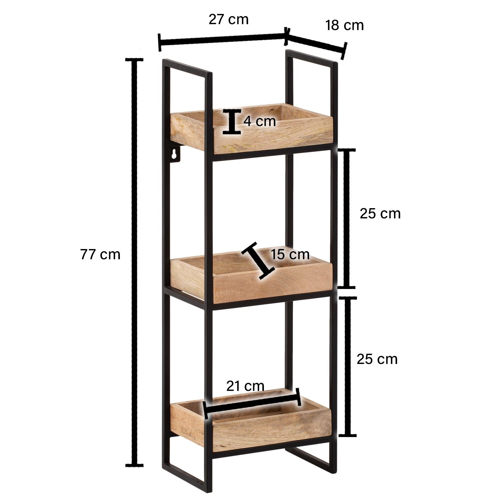 FINEBUY Wandregal FB95559, 27x77x18 cm Mango Massivholz Metall Hängeregal, Schweberegal Rechteckig, Regal Hängend Industrial