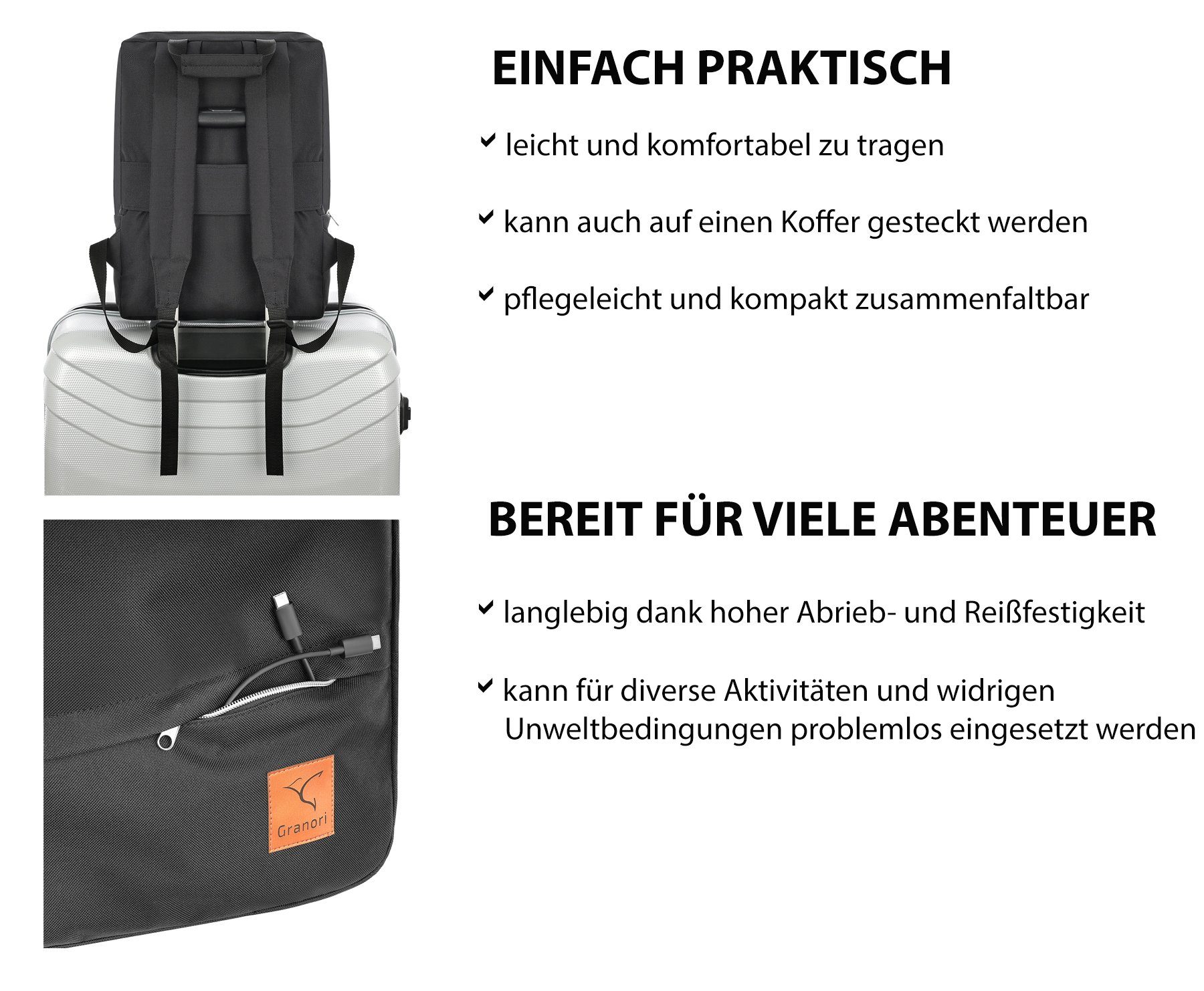 Granori Reiserucksack 40x30x25 cm Handgepäck für Eurowings Flug – leicht & max. Stauraum (Advanced Modell), 30 l Fassungsvermögen