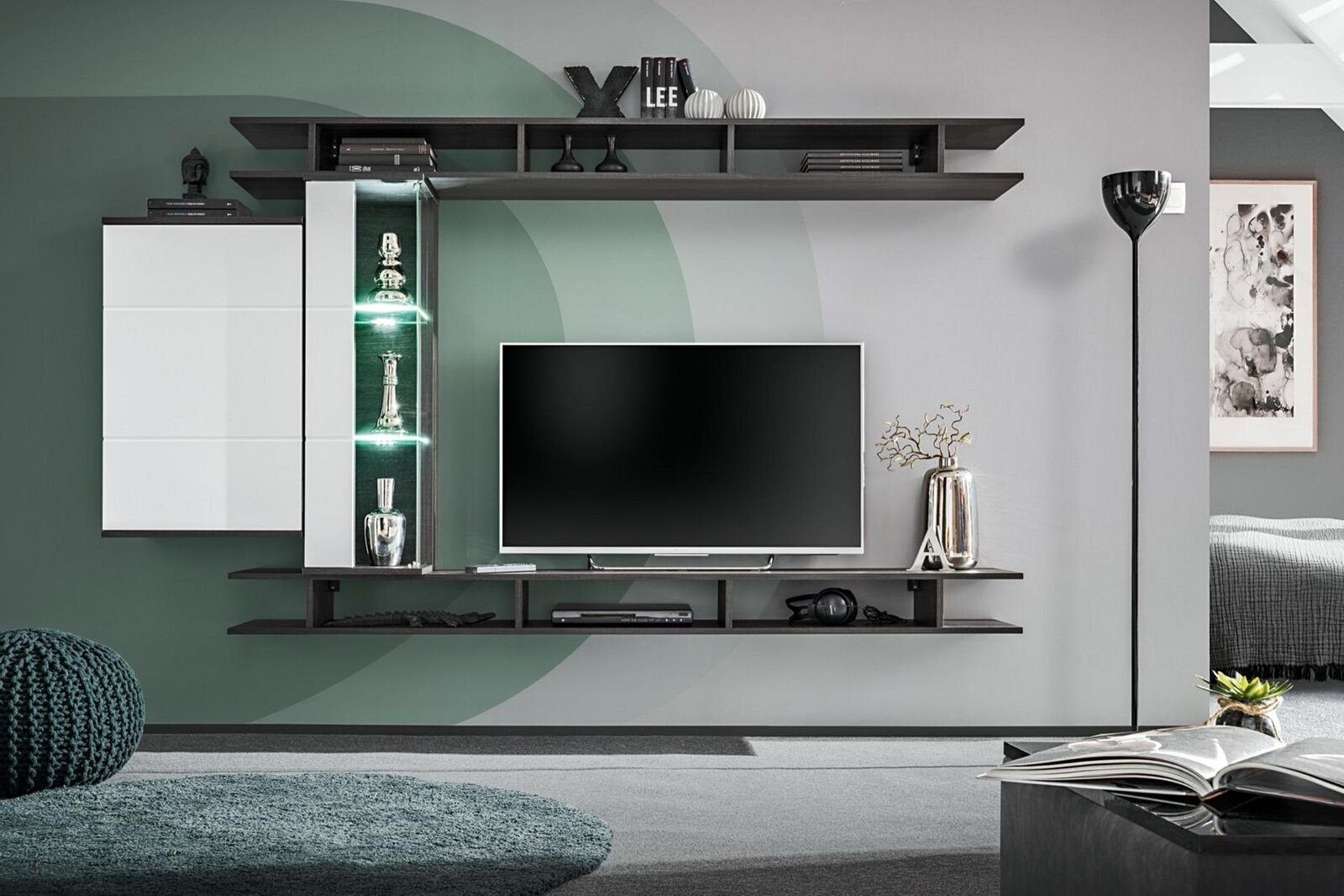 JVmoebel Wohnzimmer-Set Modern Grau Designer Möbel Holz Wandschrank, (4-St., 2x Regal/Vitrine/Wandschrank), Made in Europa