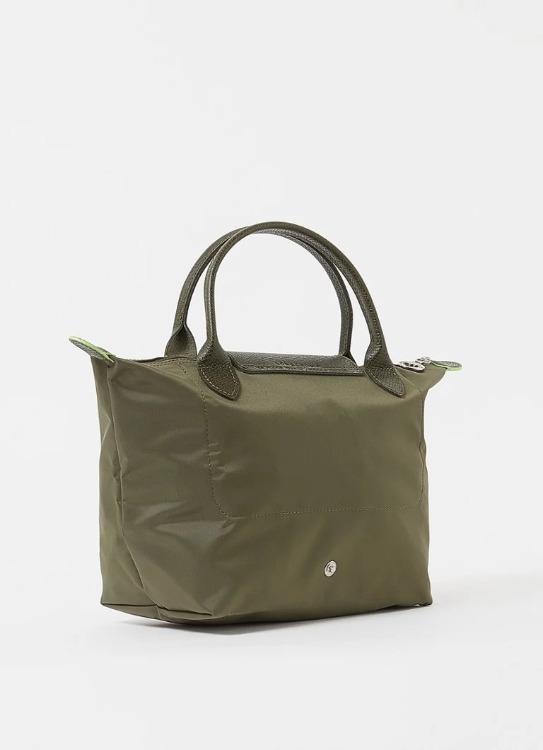 Geantă verde Longchamp Le Pliage, mărimea S, cu detalii din piele.