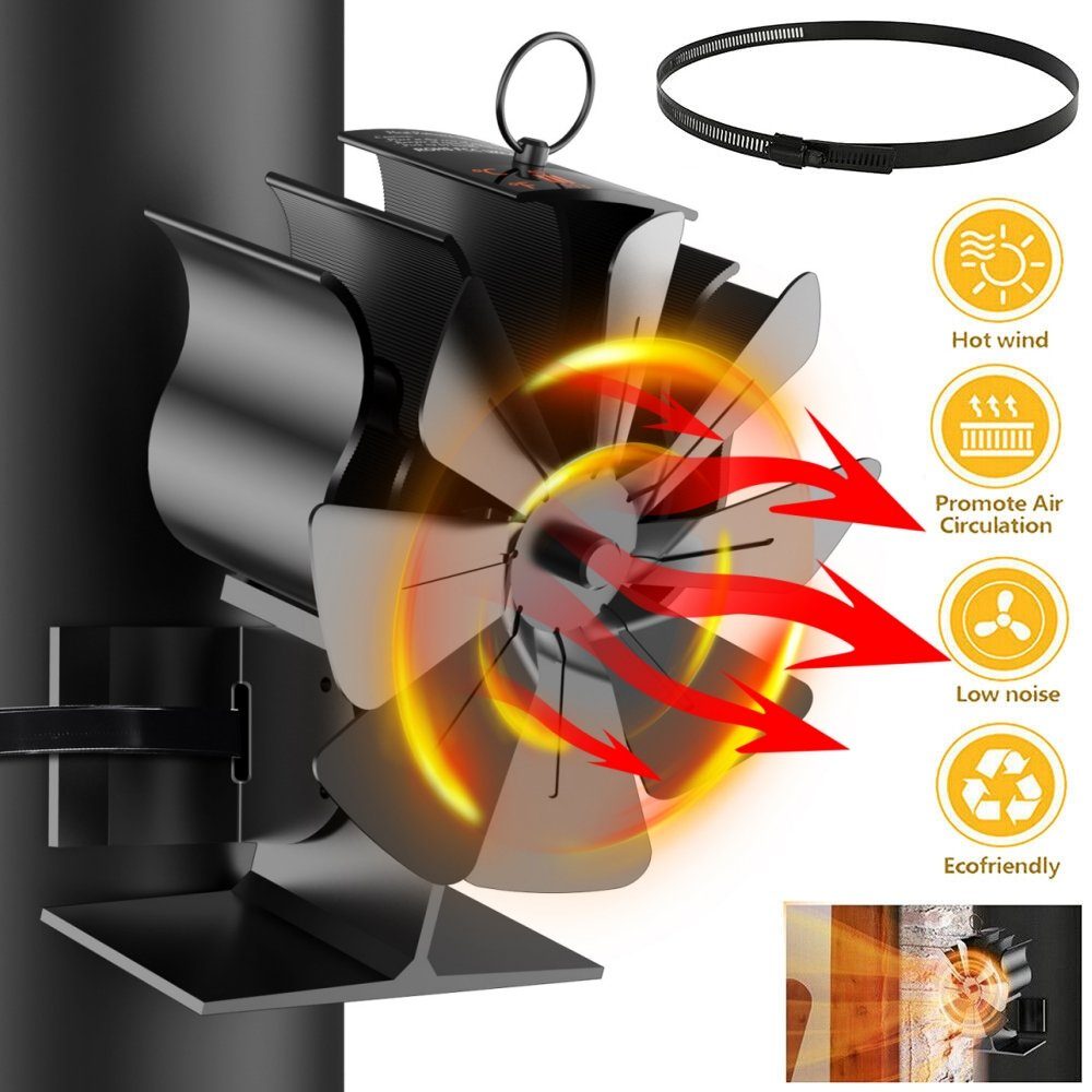 BlingBin Kaminventilator Kaminofen Ventilator 8 Flügel Herd Lüfter für Holzbrenner Gebläse, Warmluftverteile Effiziente Wärmeverteilung für Holzbrenner