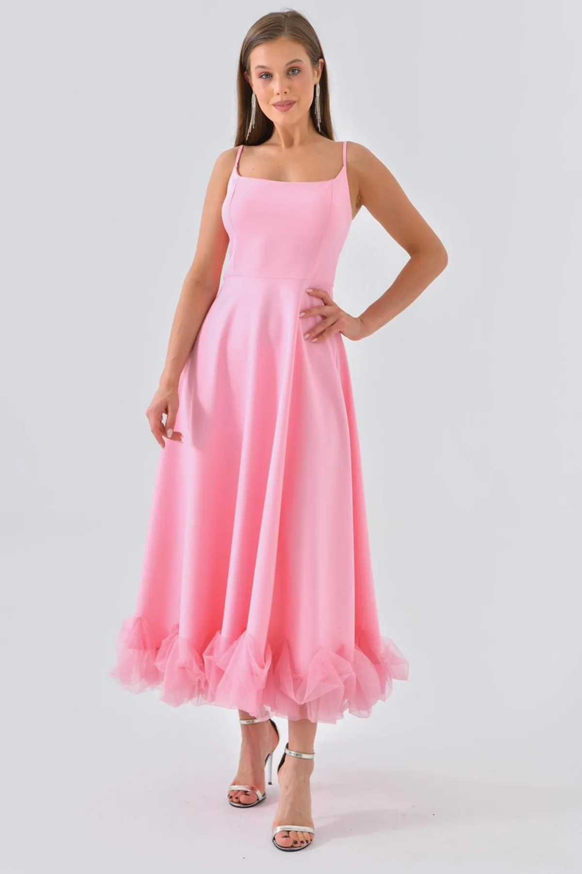 lovebox  Ausgestellter Rock aus Baumwollatlasgewebe mit dünnen Trägern und Tülldetail, mittellanges rosa Abendkleid 9326