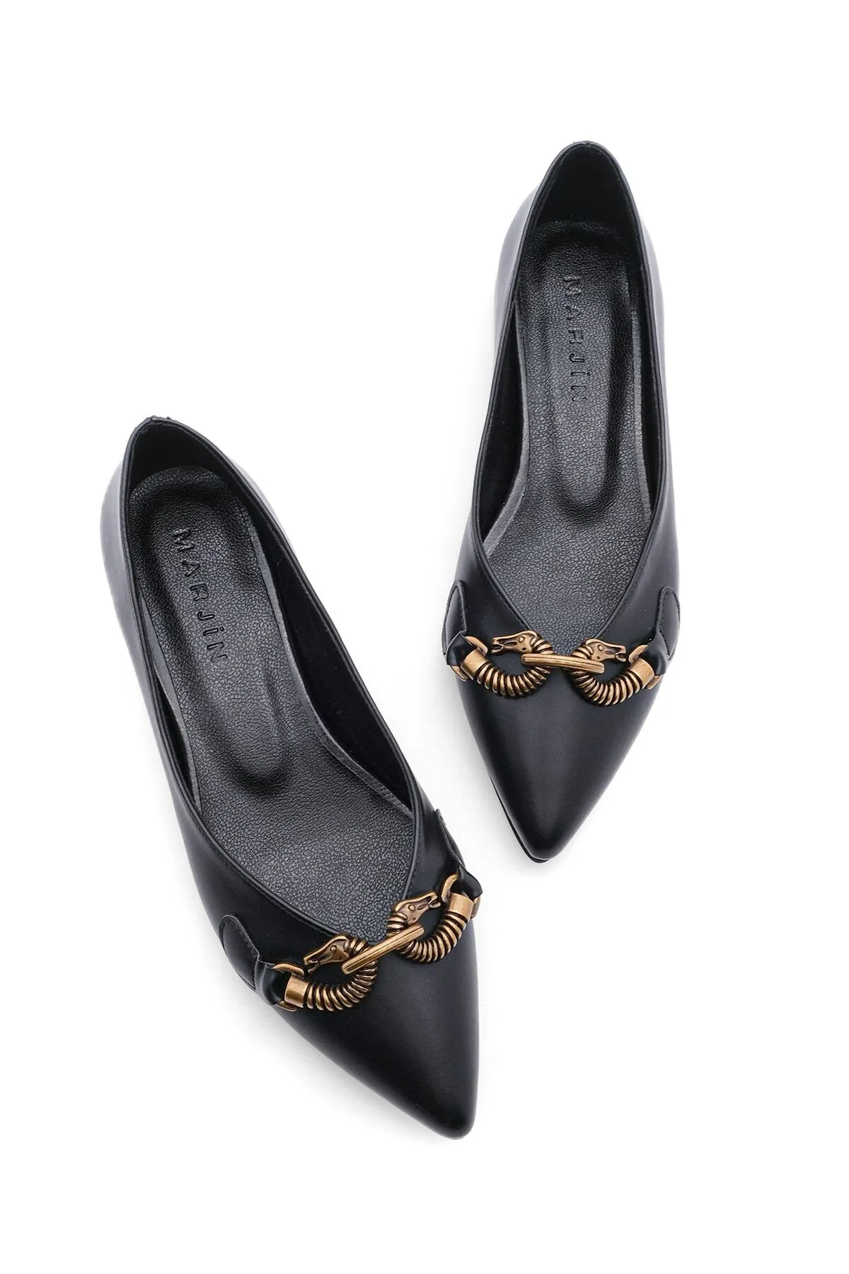 Marjin  Ballerinas mit spitzer Spitze und Kettenschnalle für Damen Kosef Schwarz