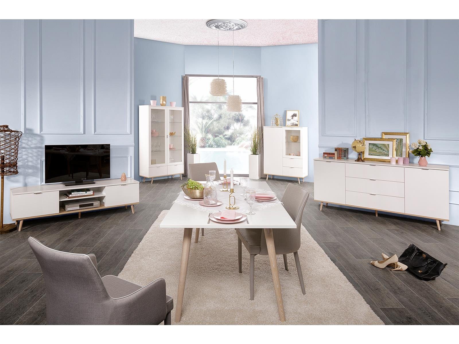 möbelando Highboard Dalarna, Modernes Highboard aus Spanplatte in Weiß, Füße aus Massivholz in Sonoma-Eiche mit 1 Glas-/Holztür, 1 Holztür, 2 Schubkästen, 2 Einlegeböden und 1 Glaseinlegeboden. Breite 100 cm, Höhe 140 cm, Tiefe 40 cm