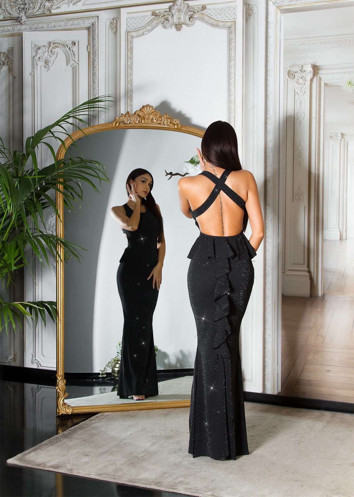 Koucla Abendkleid glitzerndes Maxikleid Partykleid mit Schößchen und offenem Rücken