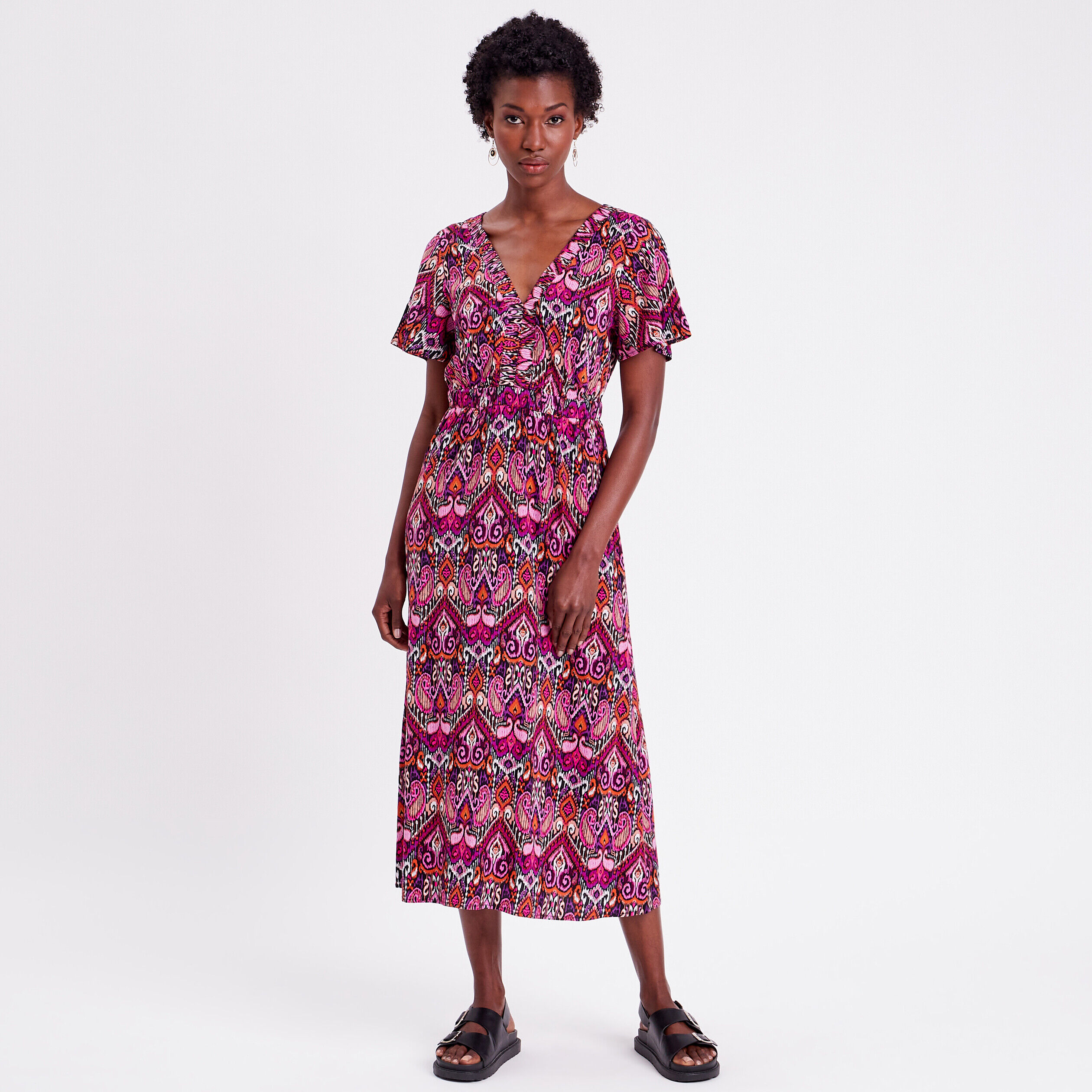 Robe longue évasée col en V orange femme | Cache Cache