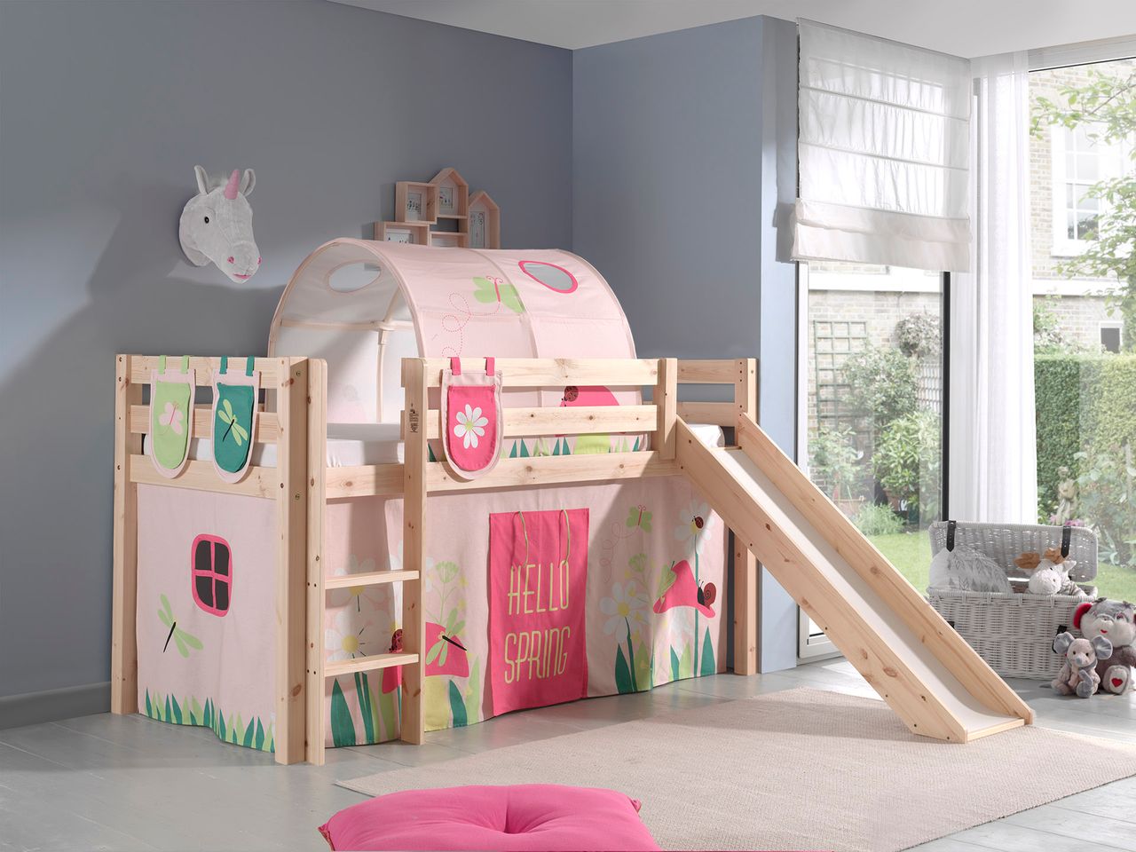 VIPACK Spielbett Pino inkl. Rutsche mit Textilset Vorhang, Tunnel und 3 Taschen 