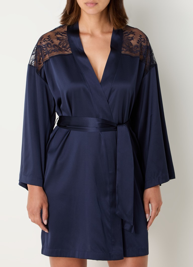 Kimono de mătase Aubade Midnight Whisper cu dantelă
