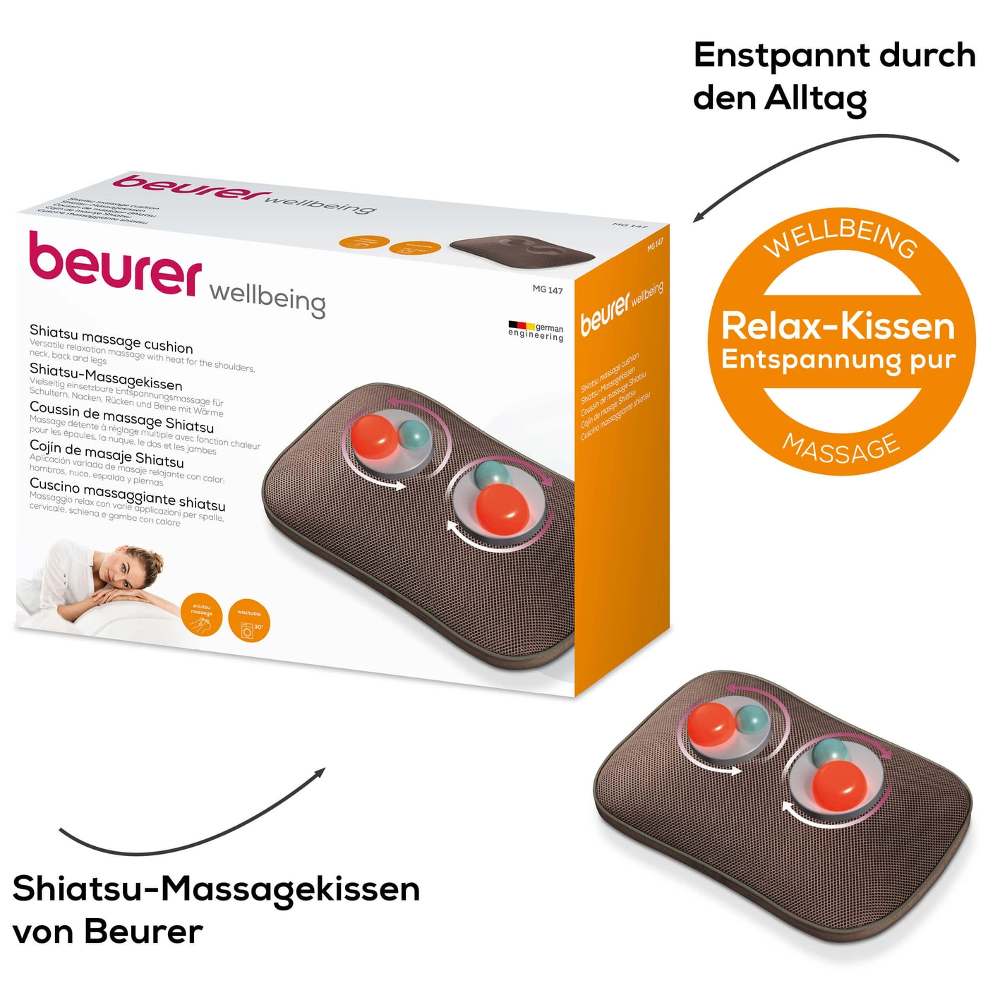 Beurer Shiatsu-Massagekissen MG 147-Fixierbares Massagekissen mit Shiatsu-Massage, Wärmefunktion & Handschalter