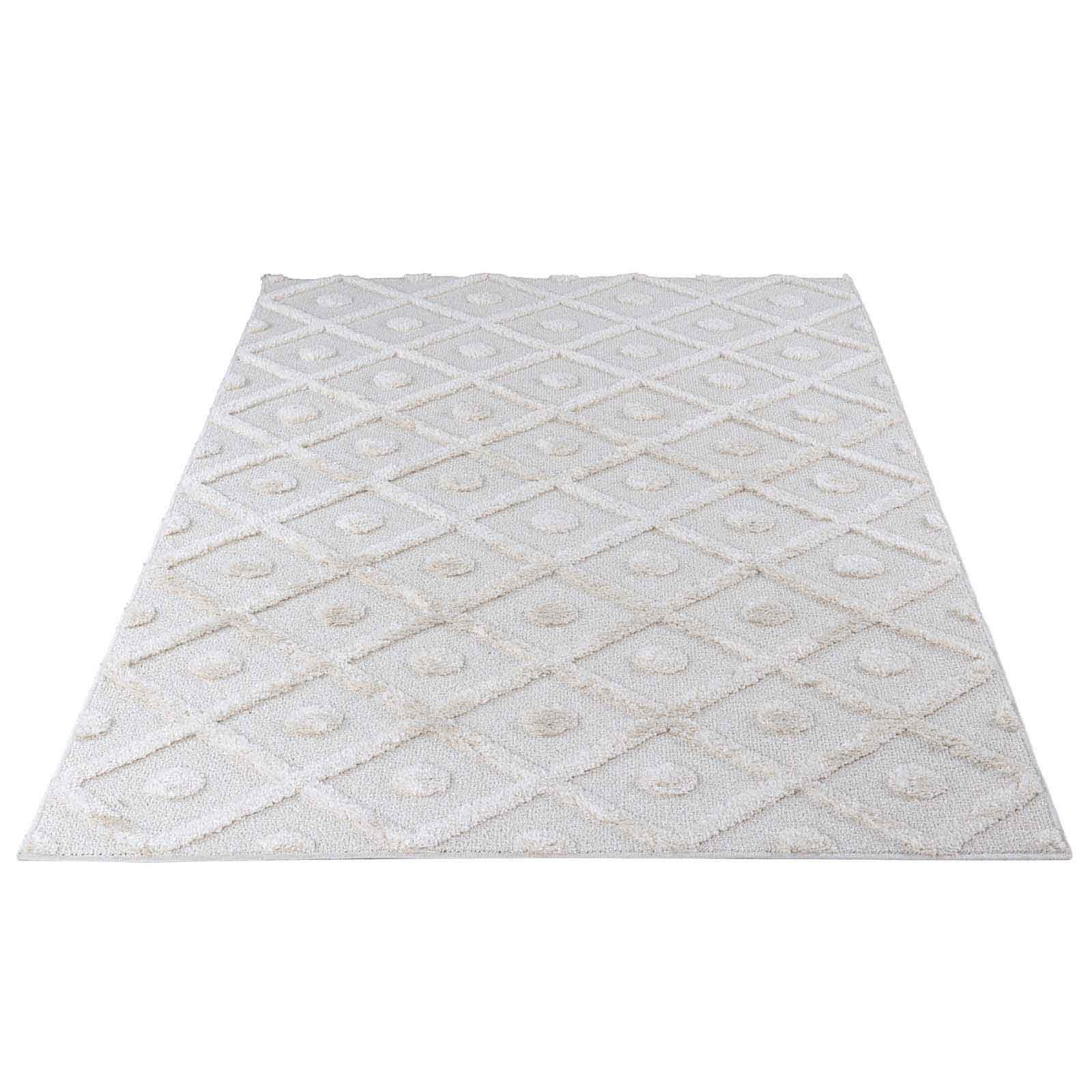 Designteppich Designerteppich Tokio hoch-tief Struktur Rauten uni, TaraCarpet, rechteckig, Höhe: 20 mm, moderner scandi BOHO weiß Wohnzimmer Schlafzimmer Flur 080x150 cm