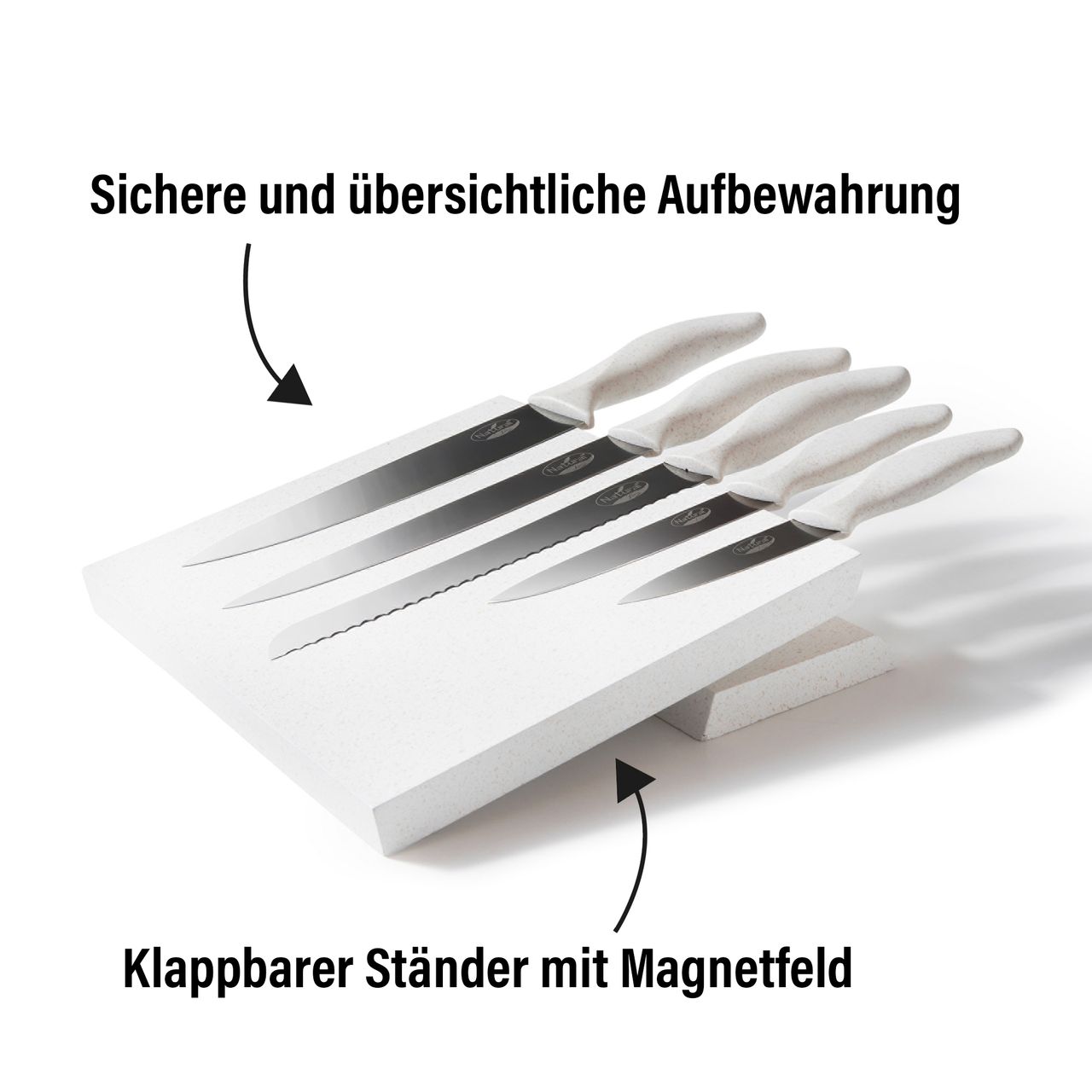 STONELINE® Natural Line® Edelstahl-Messer-Set, 5-tlg., mit klappbarem Magnet-Messerblock, mit Griffen mit Stroh