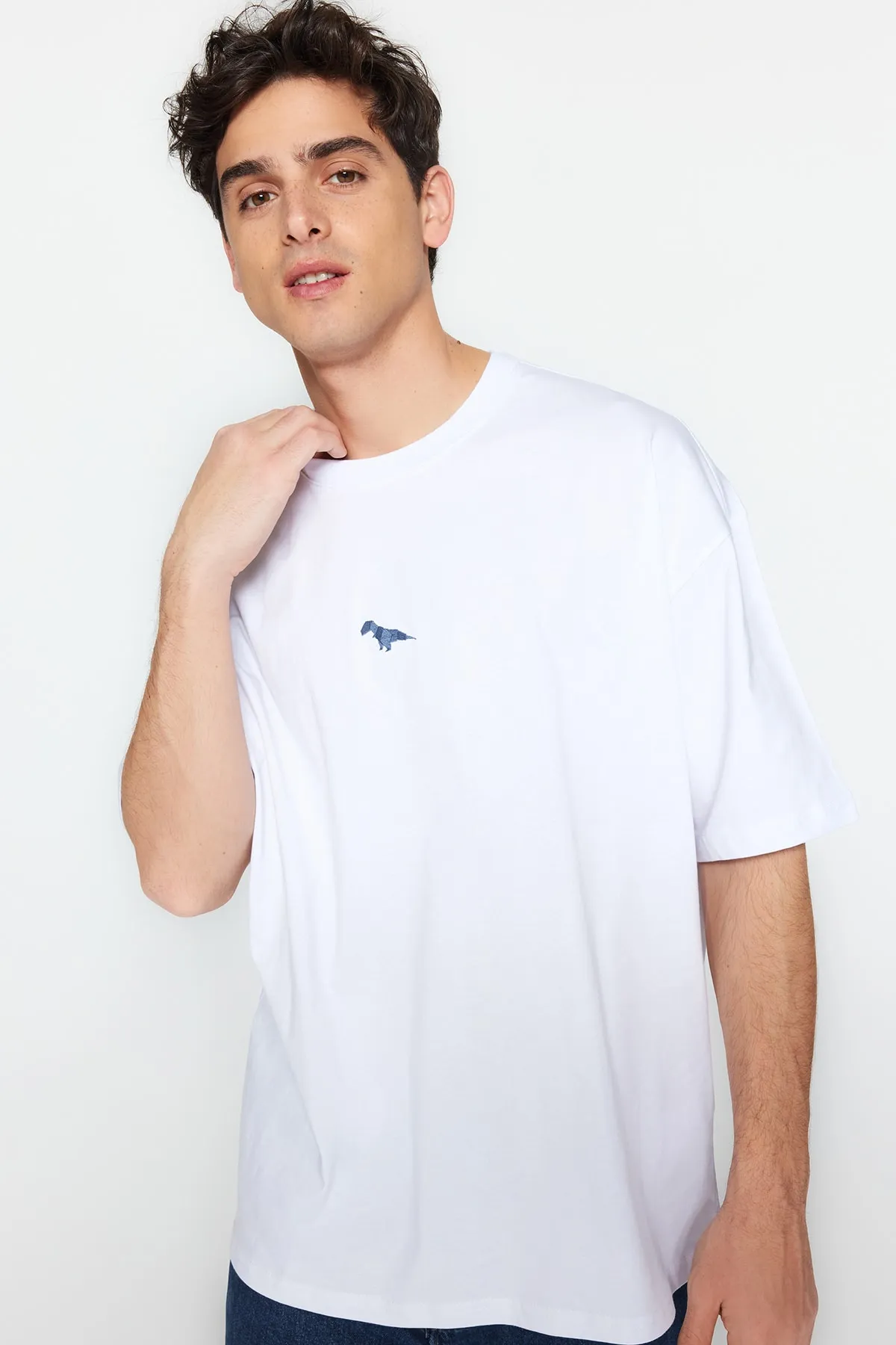 Trendyol Collection  Weißes, übergroßes/weit geschnittenes, kurzärmliges, mit Dinosauriern besticktes T-Shirt aus 100 % Baumwolle TMNSS23TS00243
