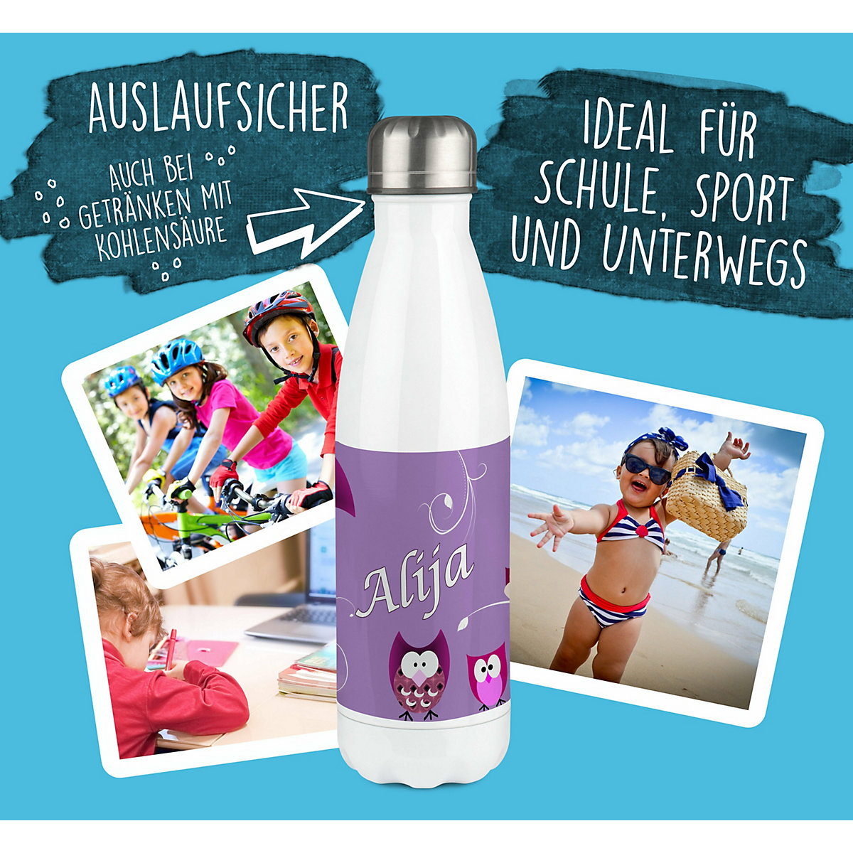 Edelstahl Kinder Thermoflasche / Trinkflasche bunt Eule Farbe lila Spülmaschinenfest, Auslaufsicher, Bruchfest, Doppelwandig, Für Heißgetränke geeignet, Mit Deckel, Isoliert