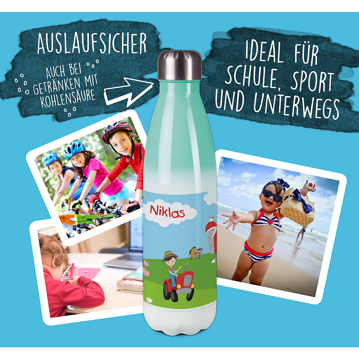 Edelstahl Kinder Thermoflasche / Trinkflasche bunt Bauernhof Spülmaschinenfest, Auslaufsicher, Bruchfest, Doppelwandig, Für Heißgetränke geeignet, Mit Deckel, Isoliert