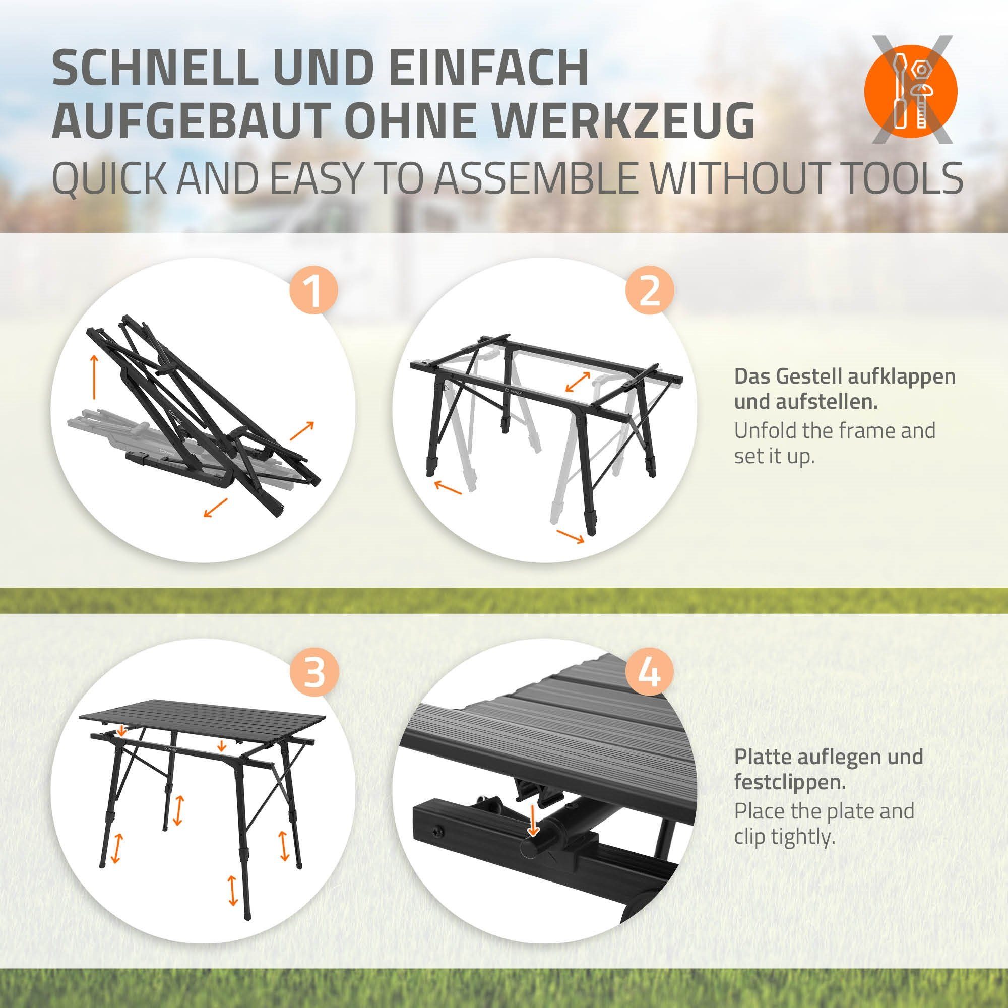 ML-DESIGN Klapptisch Campingtisch Aufrollbare Tischplatte Falttisch Gartentisch Balkontisch, Schwarz 90x51,5cm Aluminium höhenverstellbar 46-66,5cm bis 30kg