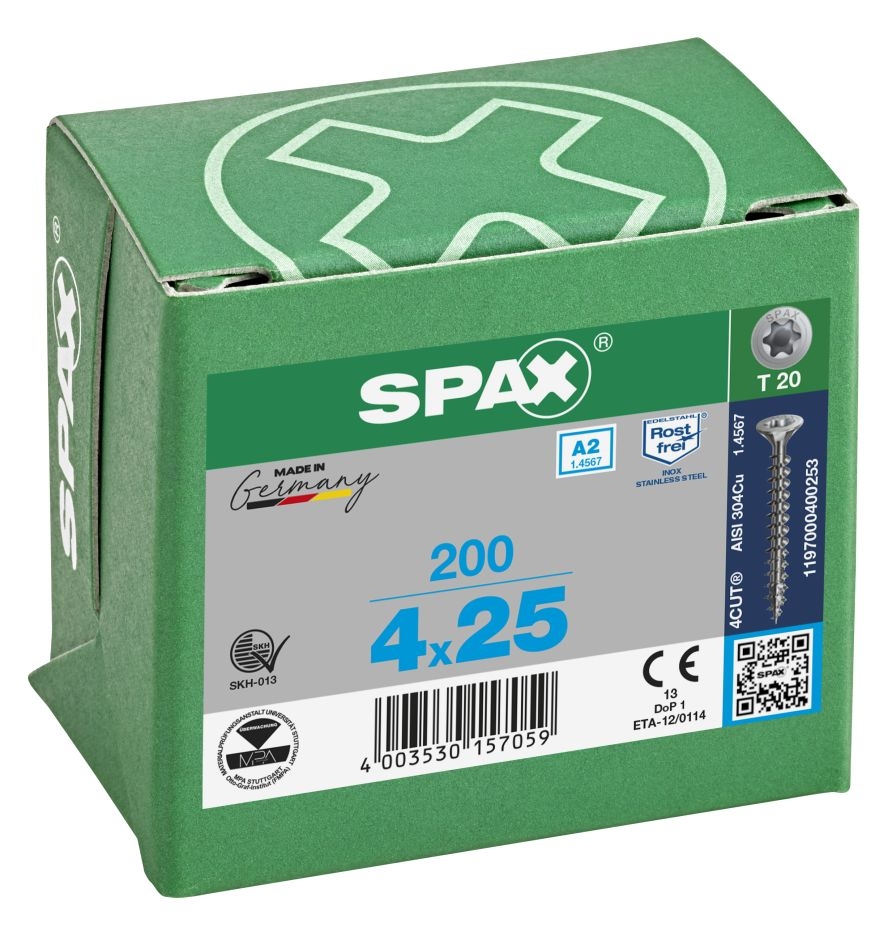 SPAX 1197000400253 Vijak iz nerjavečega jekla 4 x 25 mm, polni navoj, ugreznjena glava, T-STAR T20 - 200 kosov