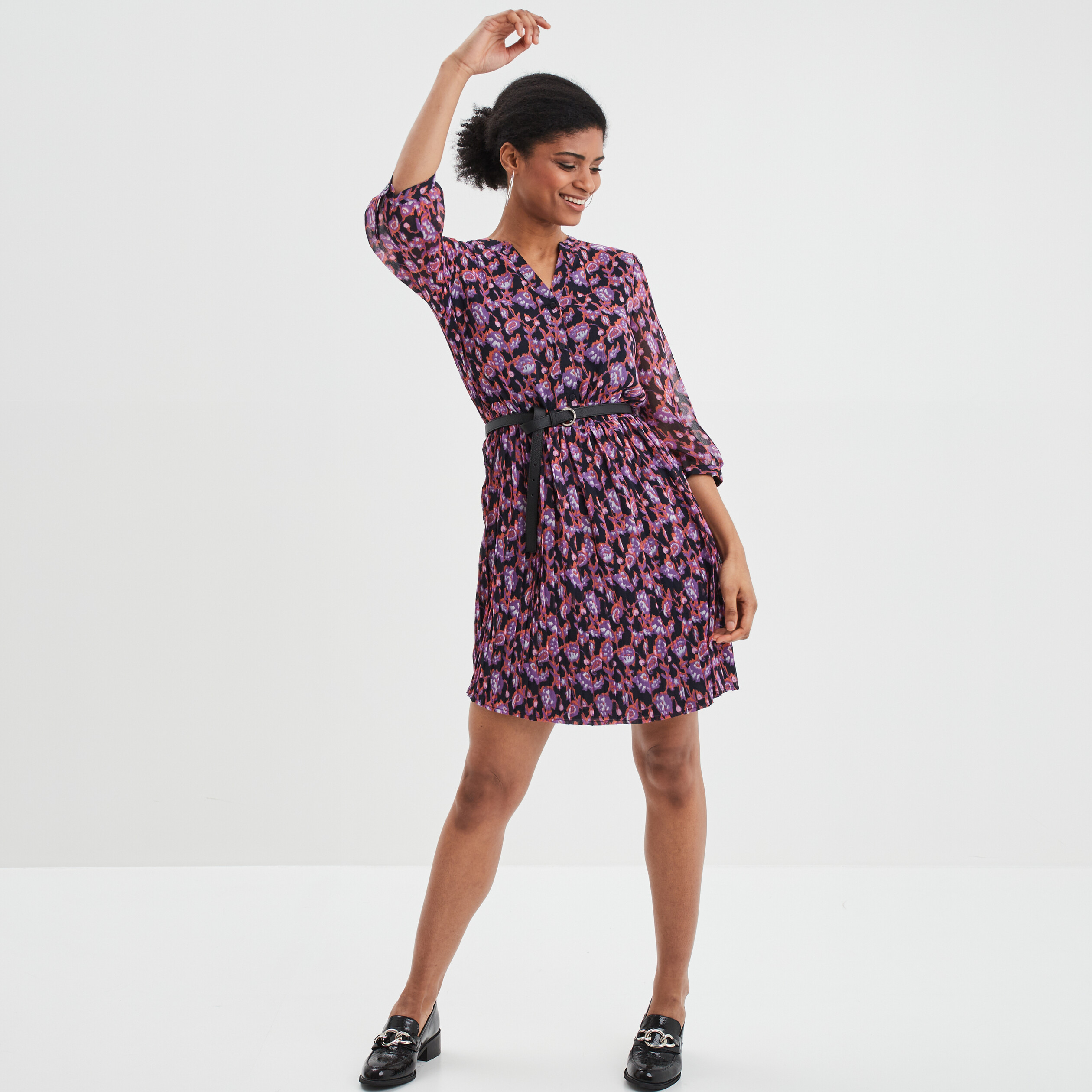 Robe évasée bas plissé manches 3 4 bleu marine femme | La Halle