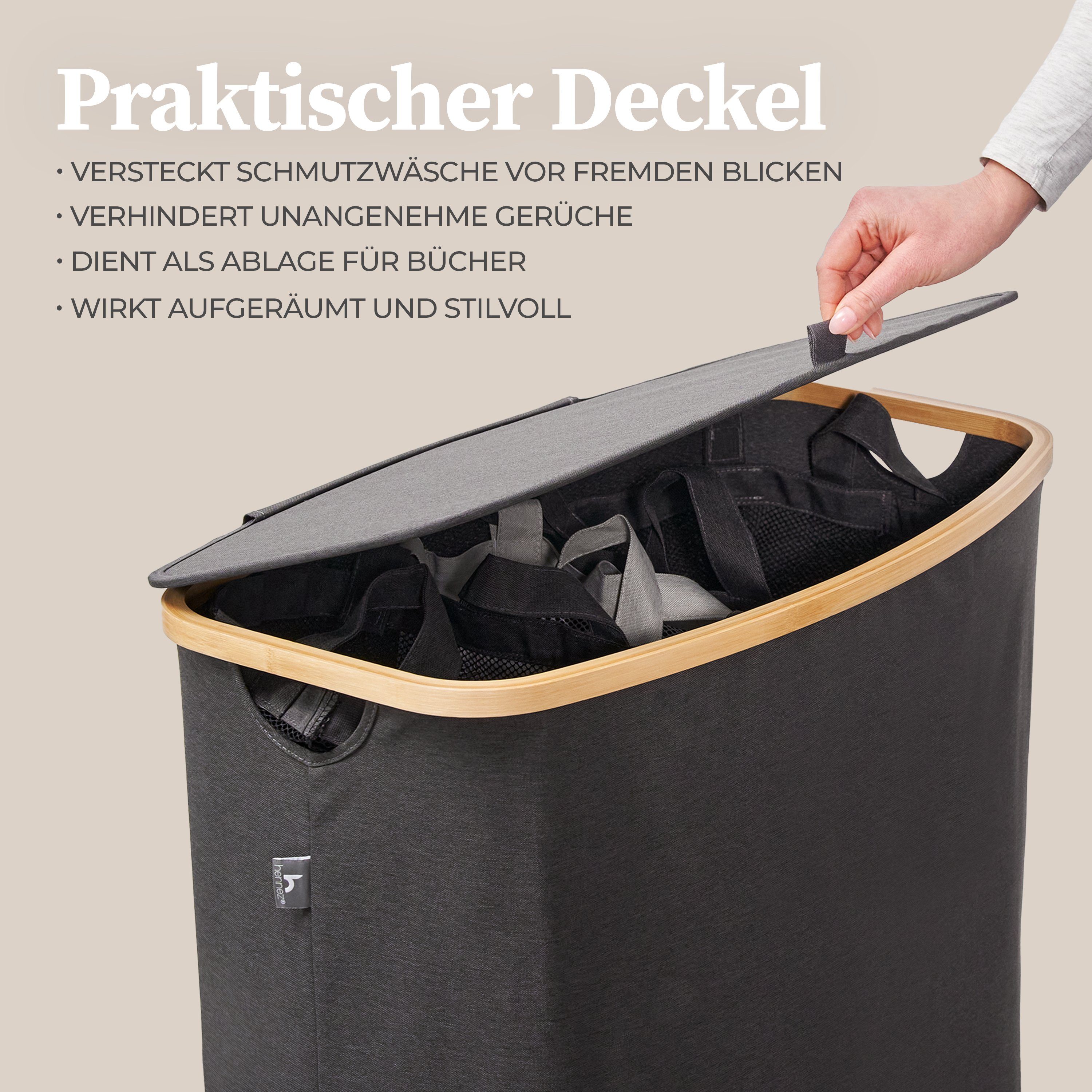 HENNEZ Wäschekorb Wäschesammler 3 Fächer mit Deckel 150 Liter - Wäschesammler 3 Fächer, Wäschetruhe mit Bambusrahmen