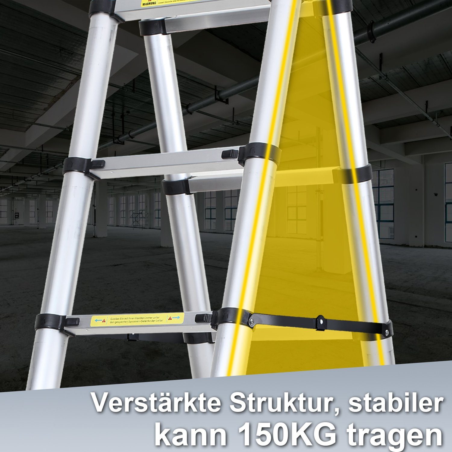 Lospitch Teleskopleiter Teleskopleiter Alu 1.9+1.9m mit Stabilisator Rädern Anlegeleiter