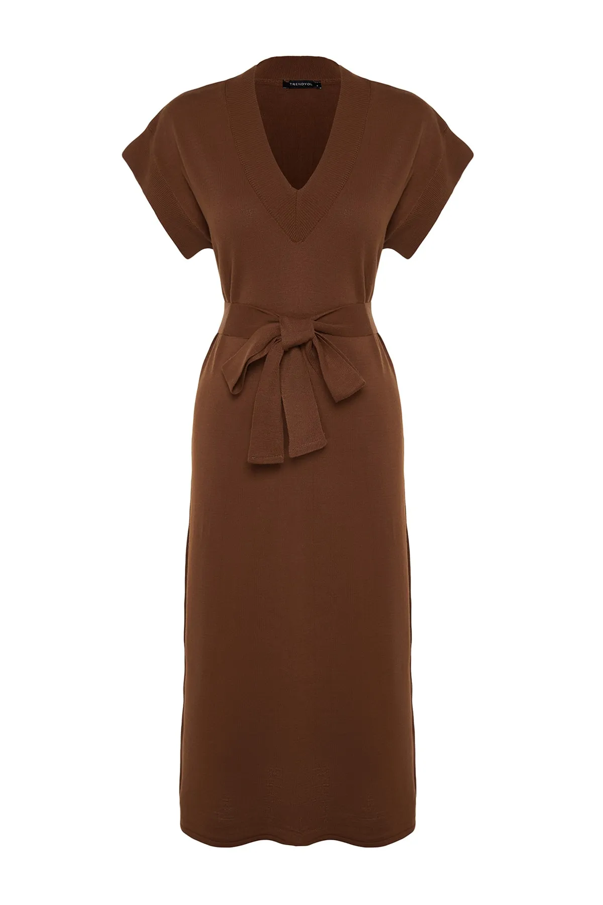 Trendyol Modest  Dunkelbraunes langes Strickpulloverkleid mit Gürtel TCTAW24UV00020