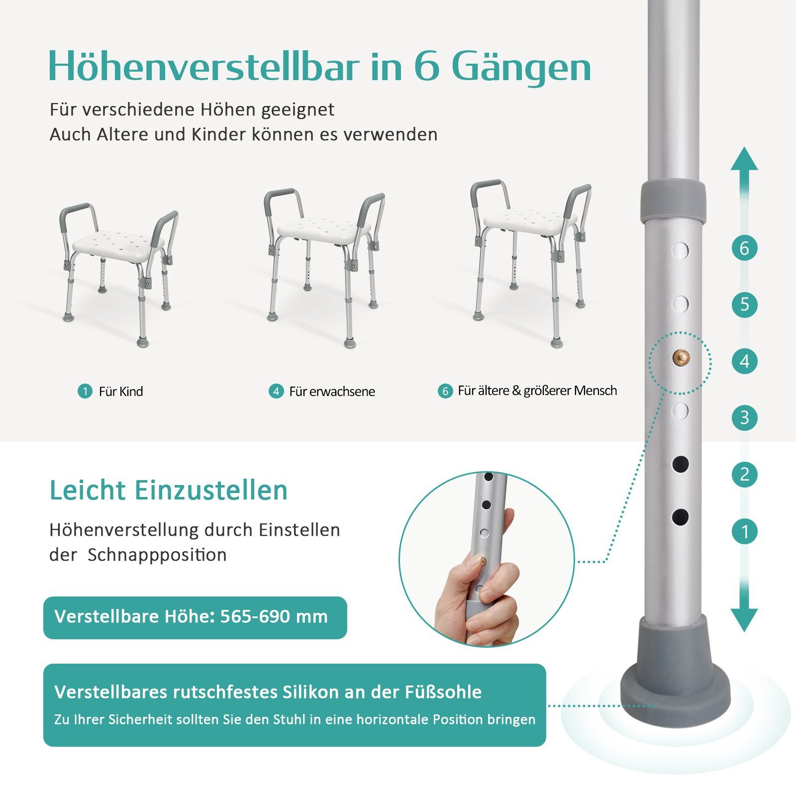 EMKE Duschhocker Badhocker mit Armlehnen Sitzfläche mit Sicherheitsgriffen, Höhenverstellbar Anti-Rutsch-Gummifüße Belastbar bis 136 kg