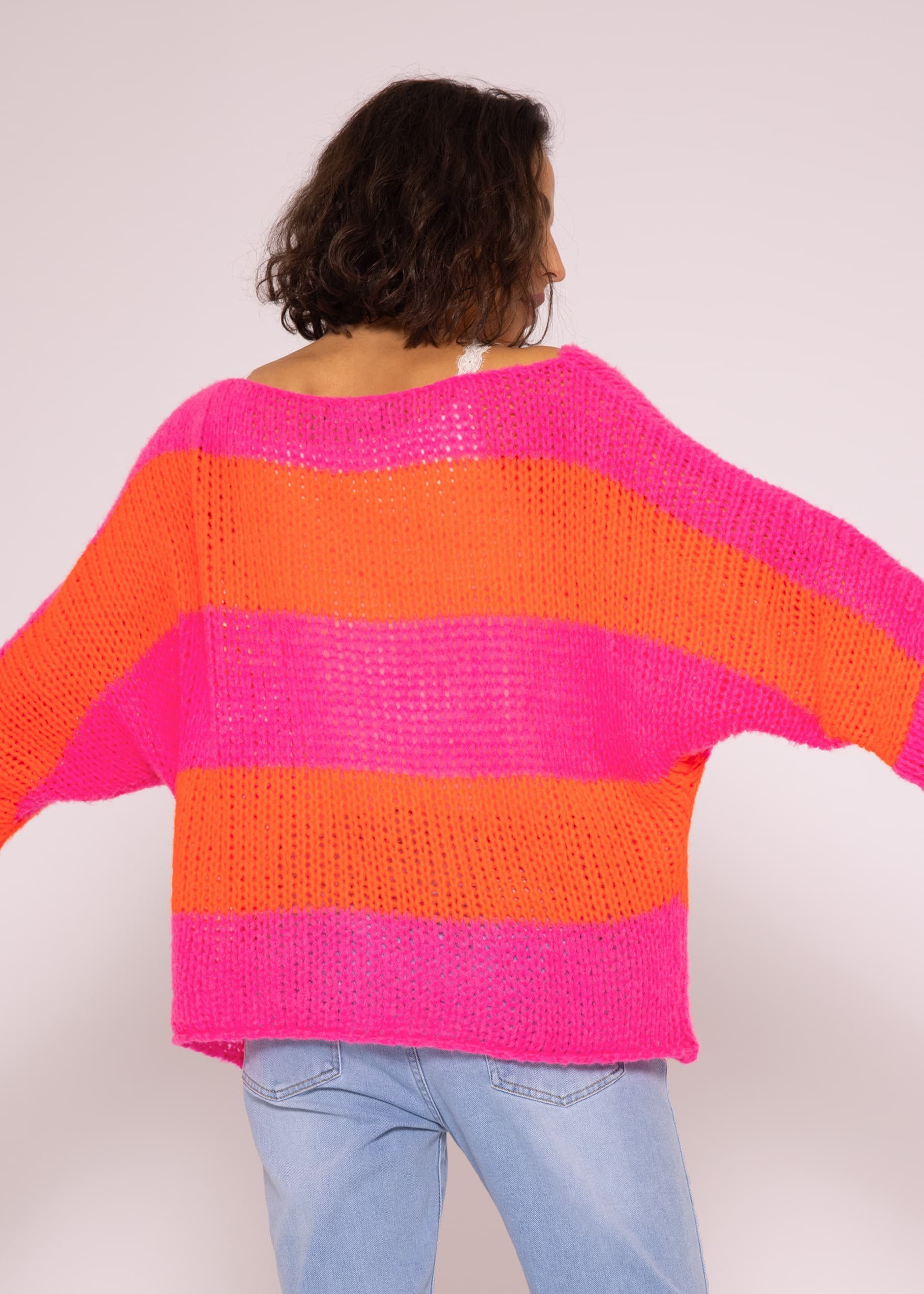 SASSYCLASSY Strickpullover Oversize Pullover Damen aus weichem Grobstrick Lässiger Strickpullover lang mit Streifen, Made in Italy