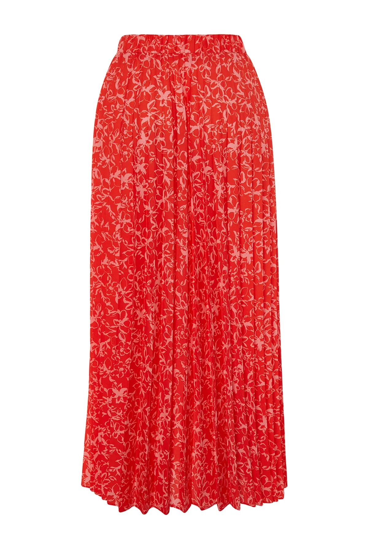 Trendyol Modest  Roter gewebter Plisseerock mit Blumenmuster und elastischer Taille TCTSS23EE00018