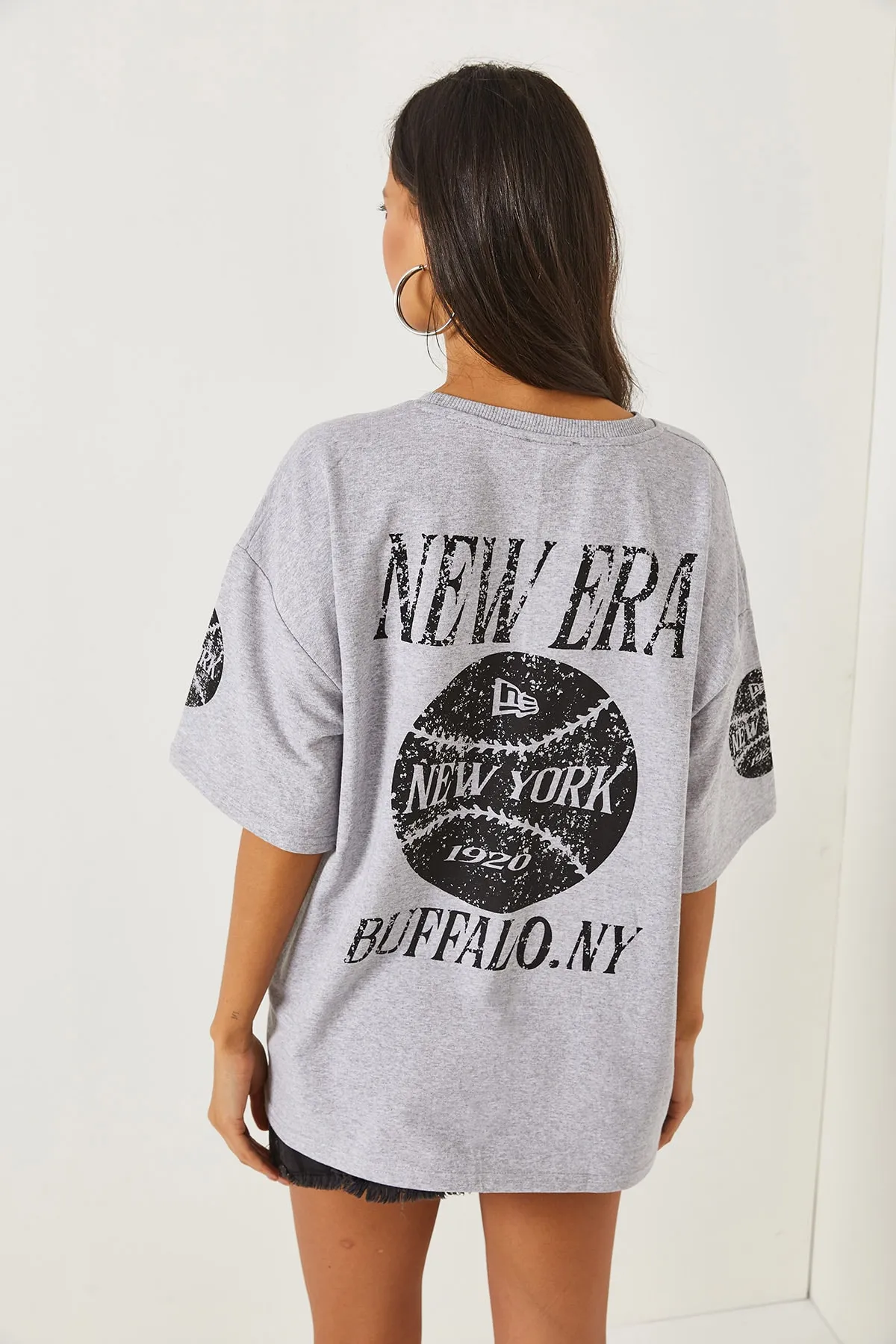 Olalook  New York Graues Unisex-Oversize-T-Shirt mit 2-Faden-Aufdruck auf der Vorderseite und Rückseite TSH-19000696