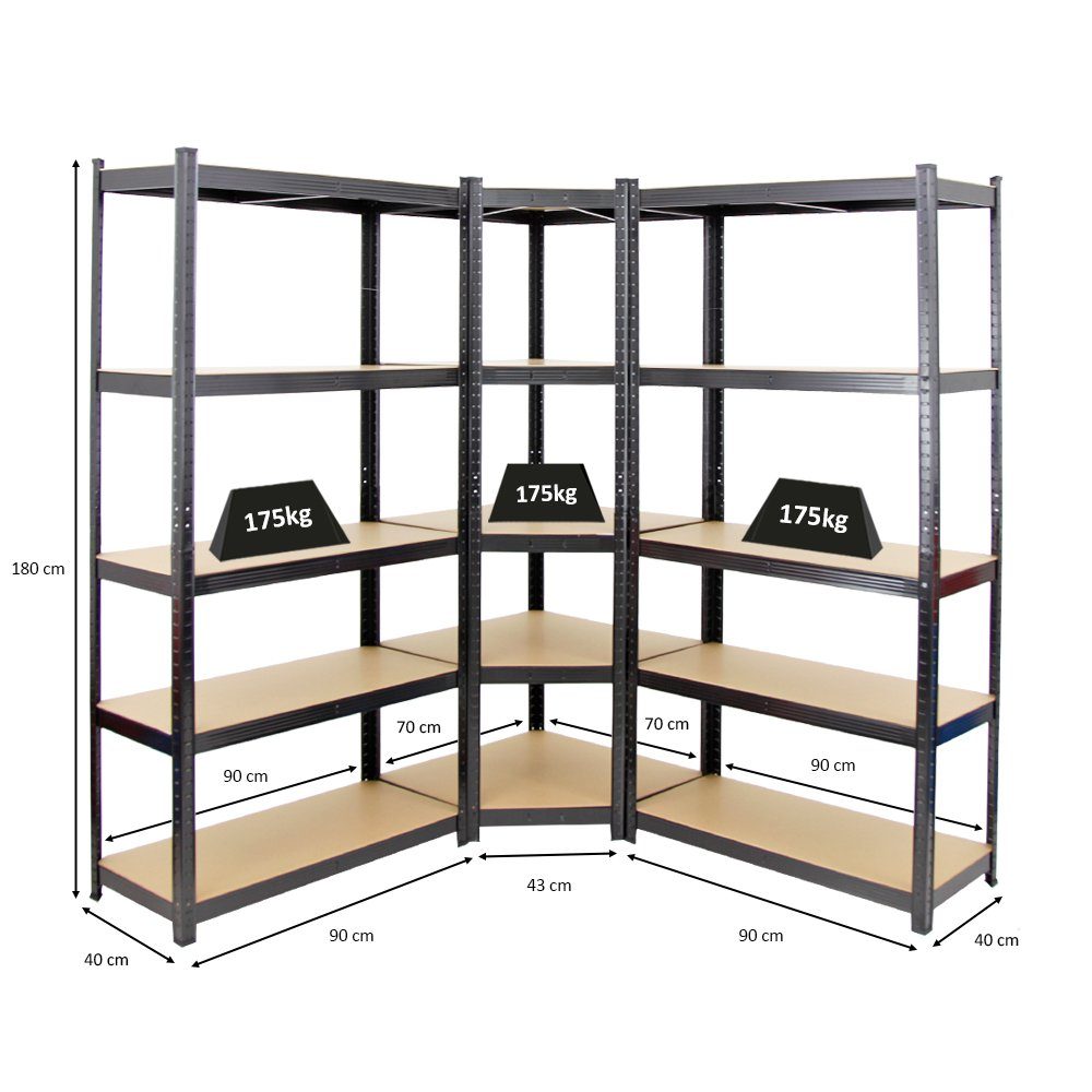 PROREGAL® Eckregal MegaDeal 1x Eckregal + 2x Schwerlastregal Ragnar, Verschiedene Farben, Spar-Set, Mega Deal, 3er-Set, Traglast von 175 kg pro Ebene bzw. Gesamttraglast von 875kg je Regal