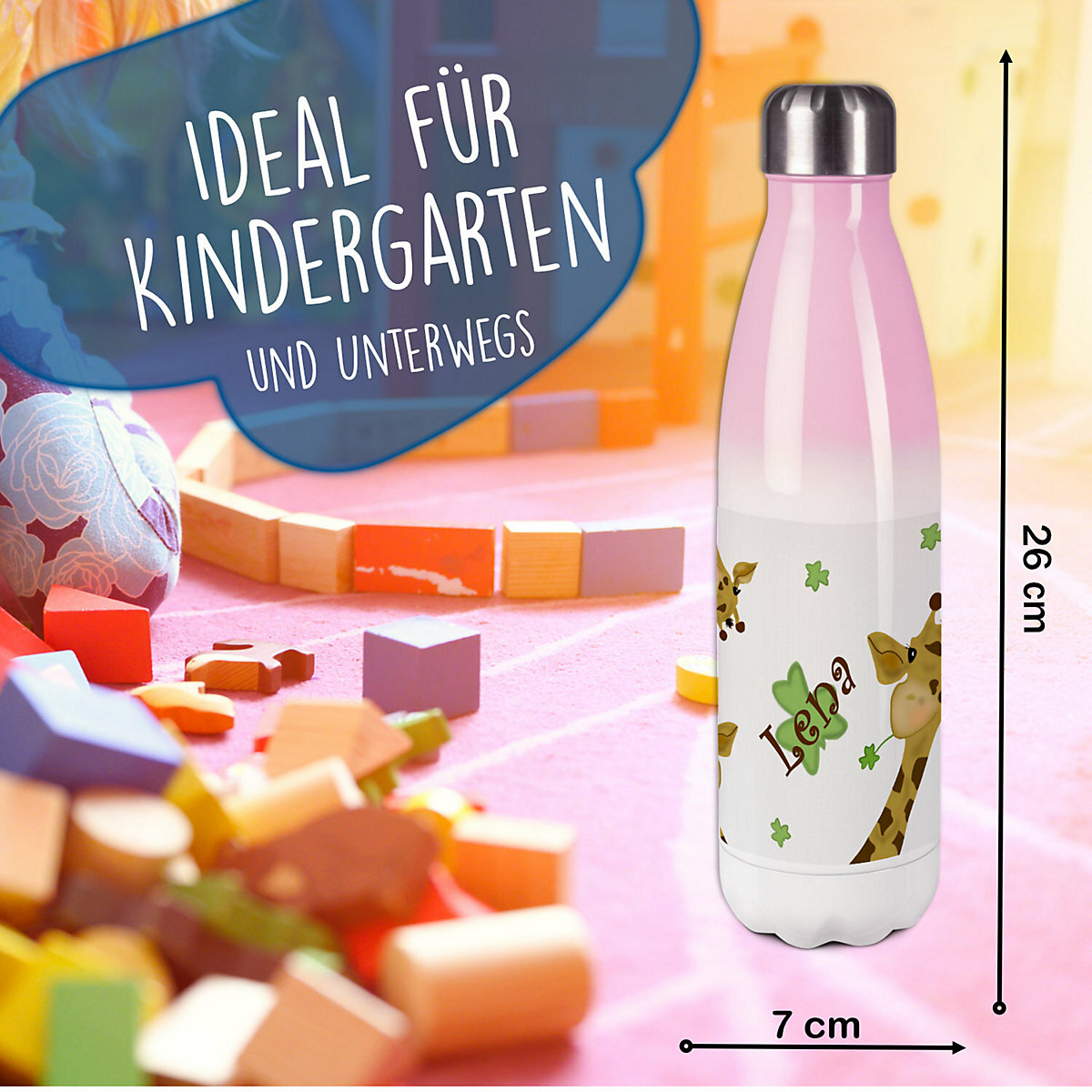 Edelstahl Kinder Thermoflasche / Trinkflasche bunt Giraffe Spülmaschinenfest, Auslaufsicher, Bruchfest, Doppelwandig, Für Heißgetränke geeignet, Mit Deckel, Isoliert