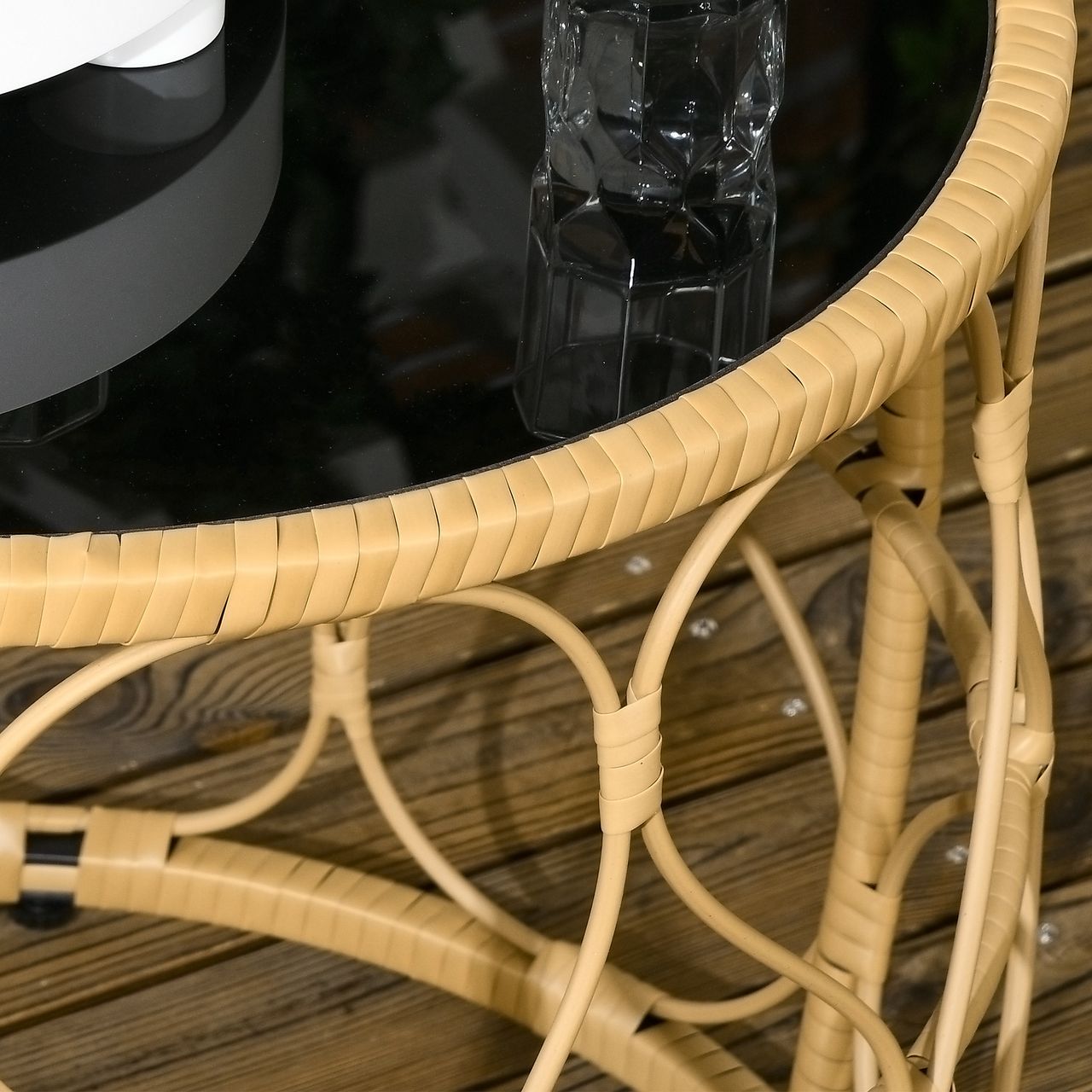 Outsunny Rattan Beistelltisch 2er-Set, Couchtisch mit Glasplatte, Khaki