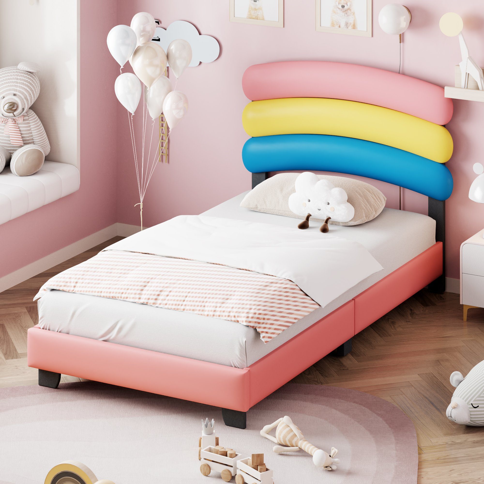 Flieks Polsterbett, Kinderbett Einzelbett mit Regenbogen Kopfteil 90x200cm Kunstlederbezug