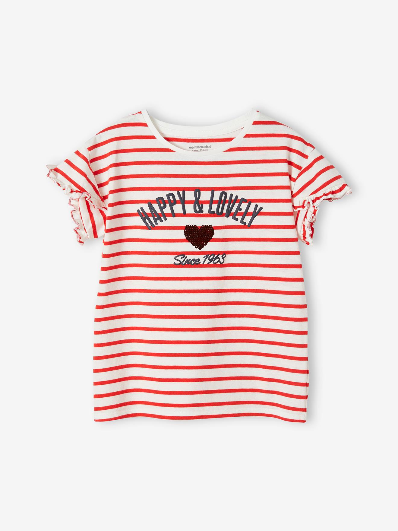 Tee-shirt rayé avec coeur en sequins fille écru rayé