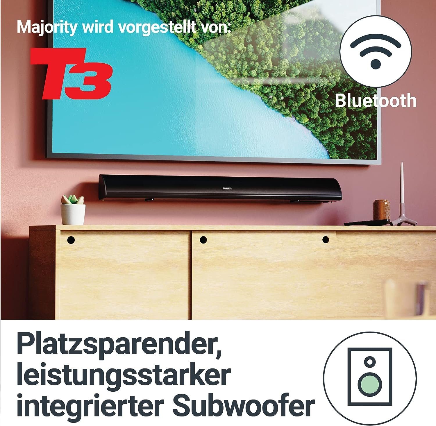 Majority Snowdon 2.1 Soundbar (Bluetooth, AUX, RCA, NFC, 120 W, Eingebauter Subwoofer, inkl. Fernbedienung und Batterien)