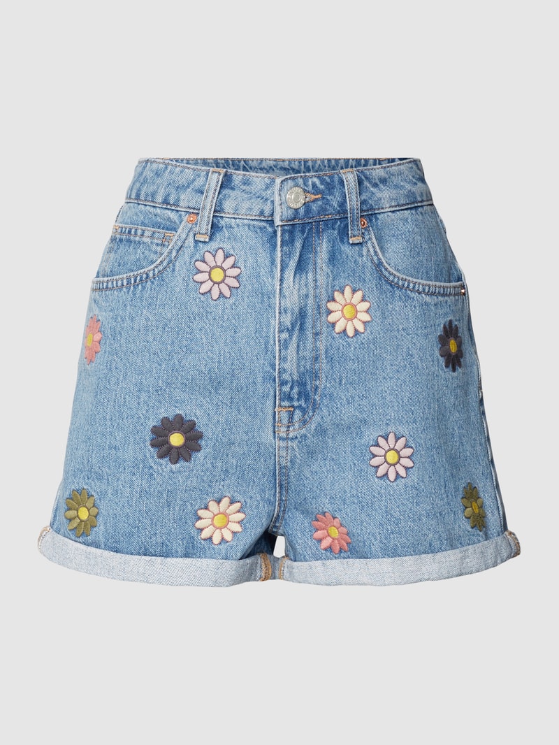 Jeansshorts mit floralem Stitching in hellblau