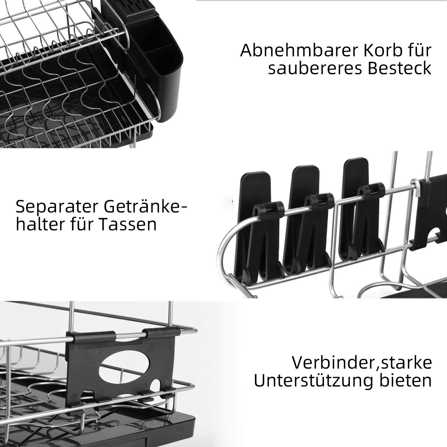 Daynee Geschirrständer Abtropfgestell,2 Ebenen Geschirrkorb Edelstahl, Zubehör für mit Utensilienmesserhalter und Schneidebretthalter, Abtropfmatte aus Mikrofaser, Abtropfgestell für die Küche