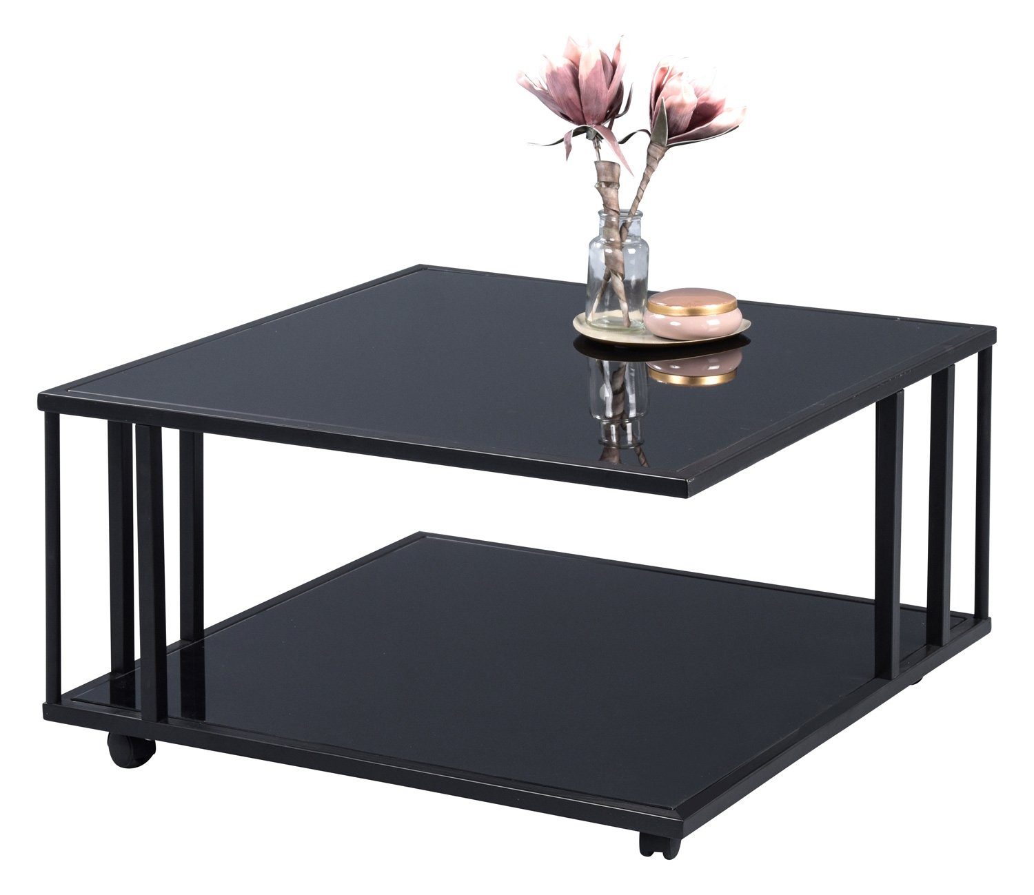 M2 Kollektion Couchtisch PARIS, Schwarzglas, 75 x 75 cm, mit Rollen, mit Ablage