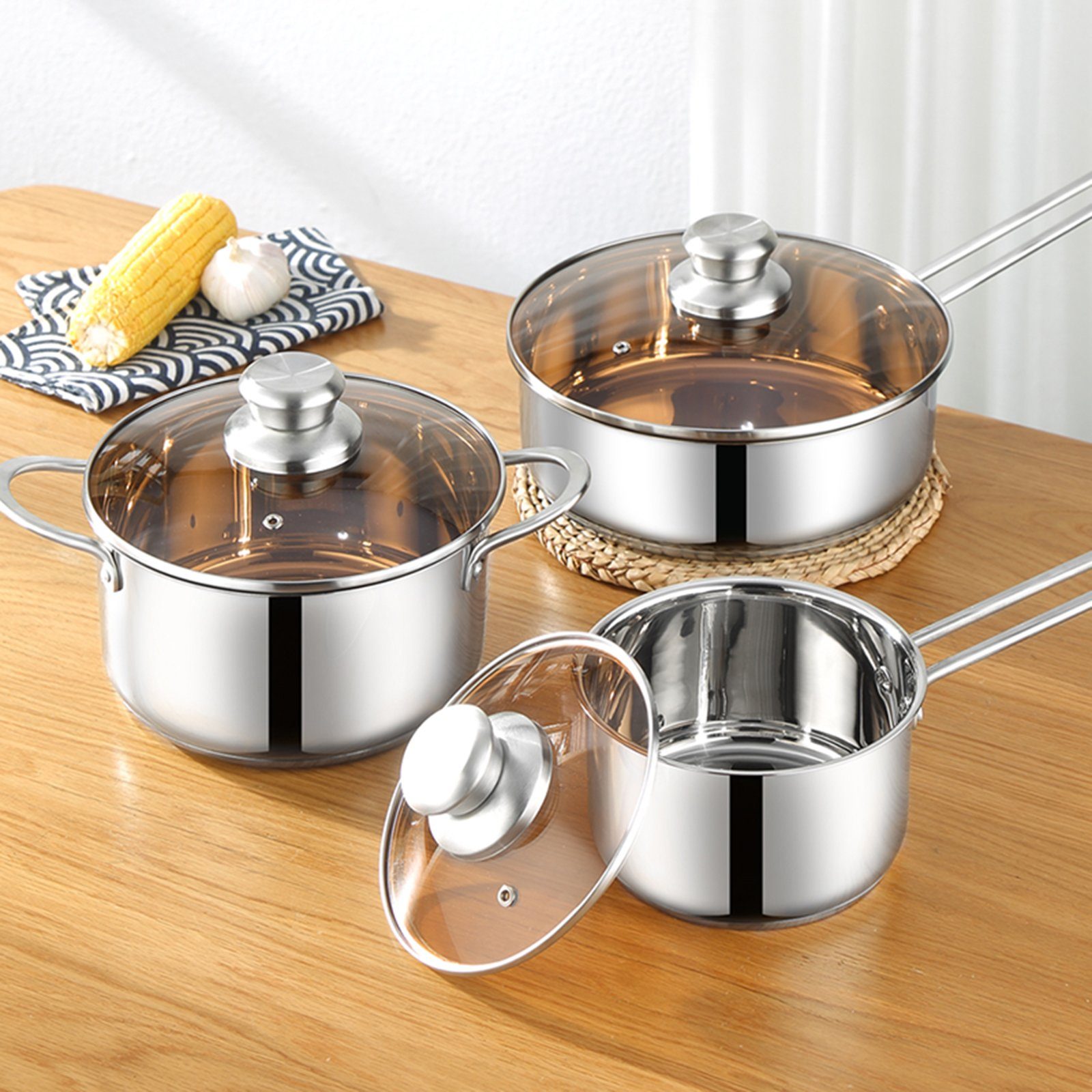 IBETTER Topf-Set Topfset aus Edelstahl, Kochtopf-Set mit Glasdeckel, Edelstahl (6-tlg), inkl. 3 Glasdeckel, Induktion