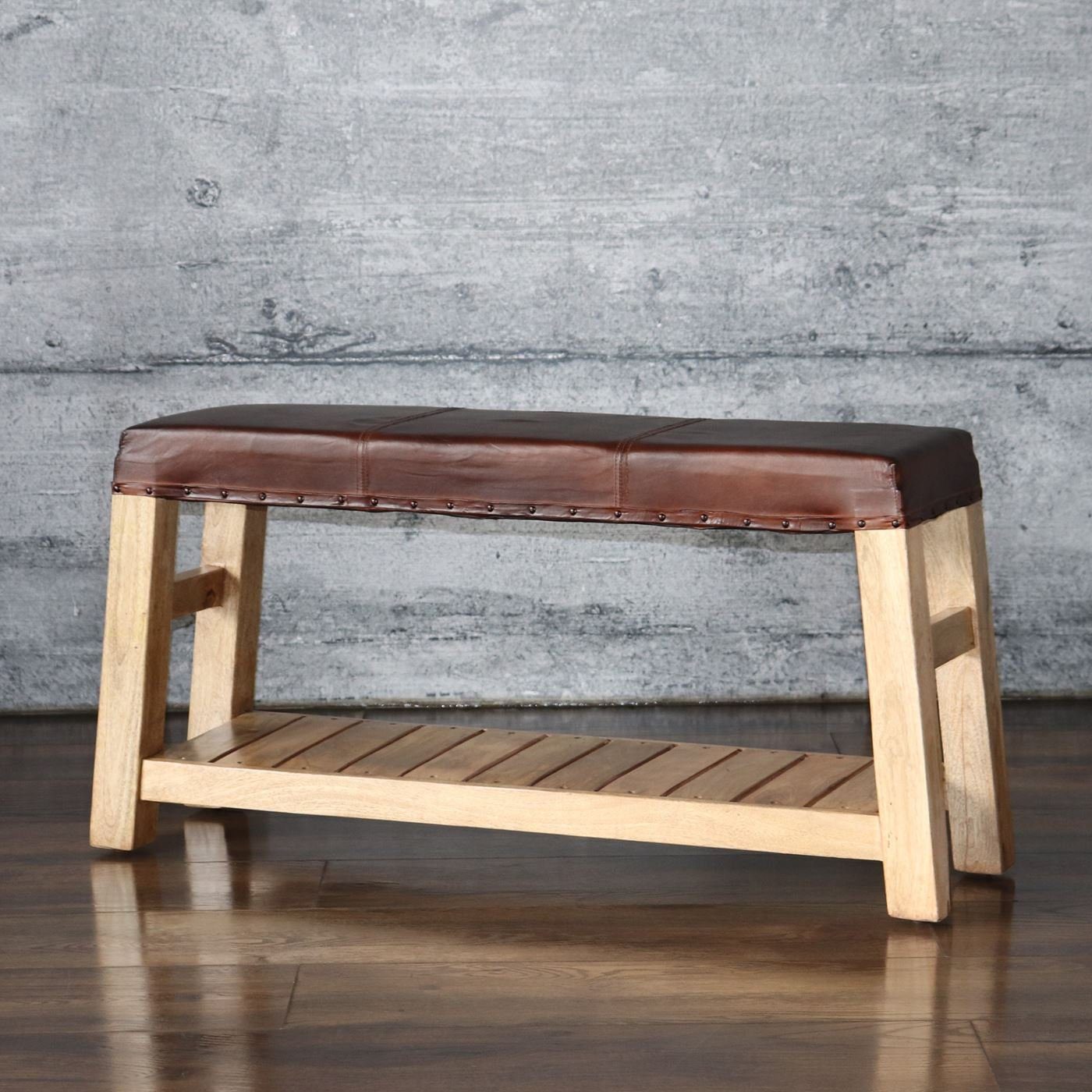 baario Gartenbank Sitzbank KULA Leder, braun Hocker massiv Mangoholz Vintage Flurbank