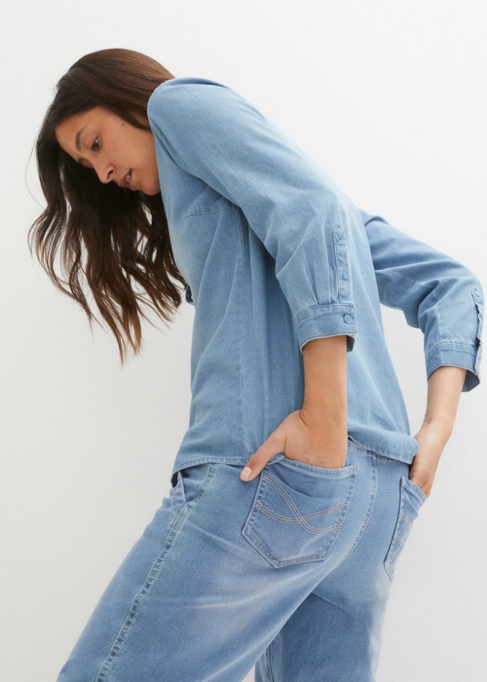 Lockere Jeansbluse mit Kragen, 7/8-Arm
