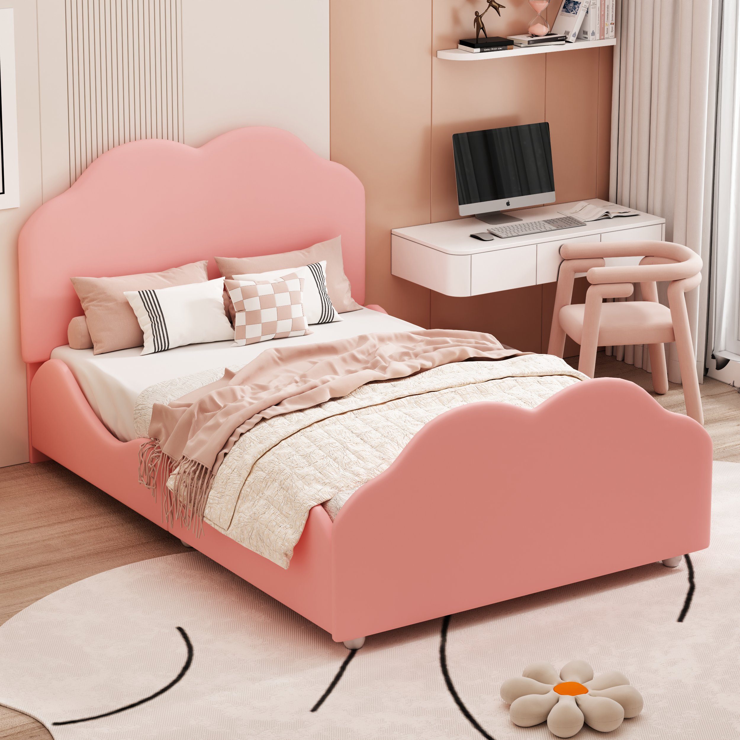 Flieks Kinderbett, süße Wolkenform Einzelbett Polsterbett 90x200cm Samt