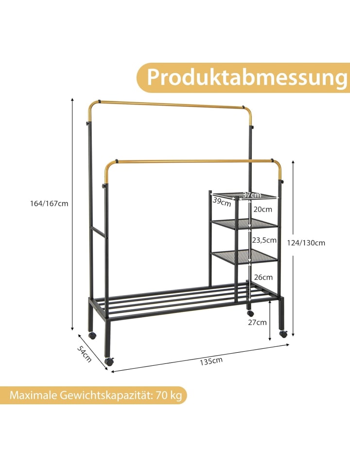 COSTWAY Kleiderständer auf Rollen 170cm in Gold günstig kaufen onesize