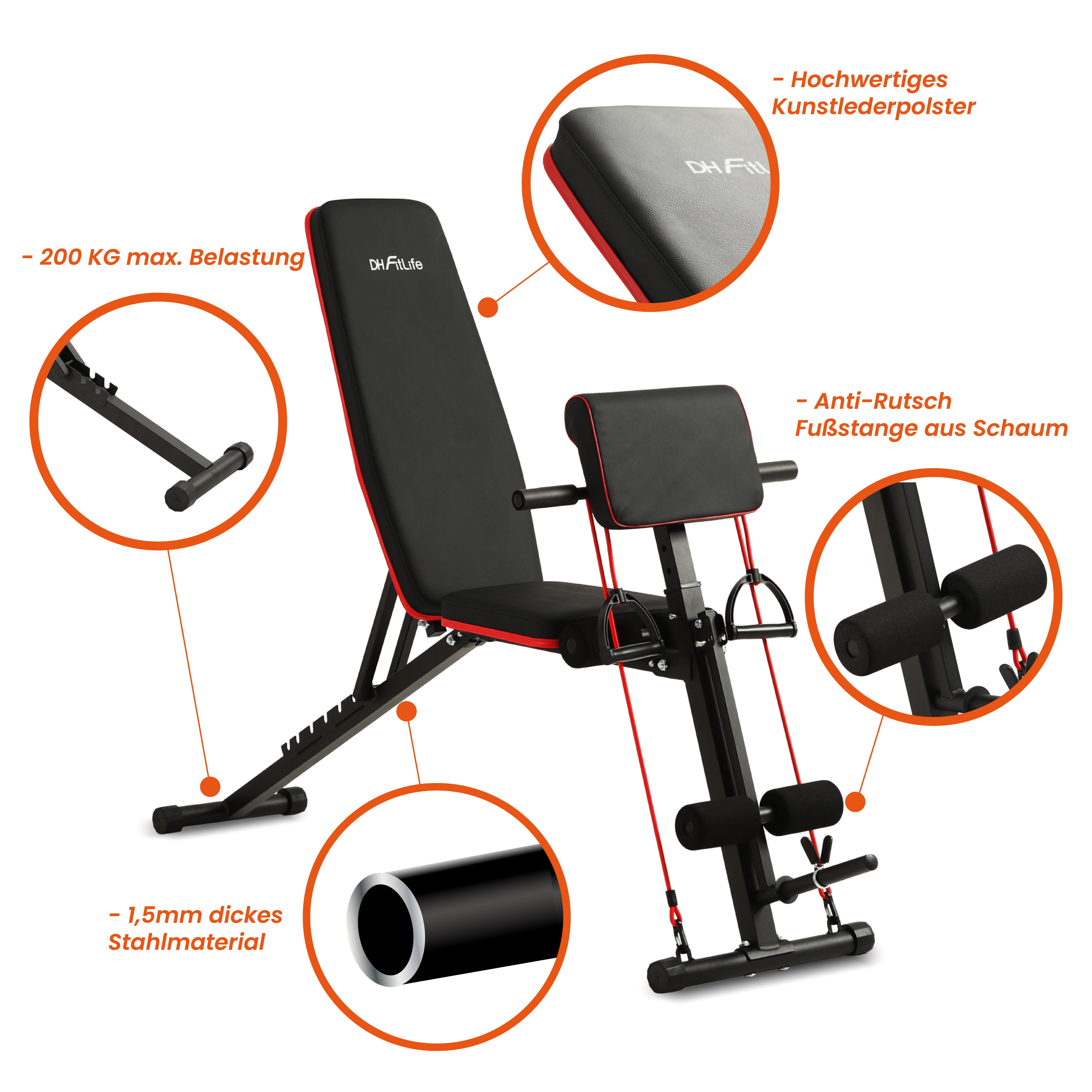 DH FitLife Hantelbank klappbar verstellbar, (Schrägbank & Flachbank für Bankdrücken, Rückentrainer u. Bauchtrainer), Trainingsbank Fitnessbank multifunktional für Fitness u. Krafttraining