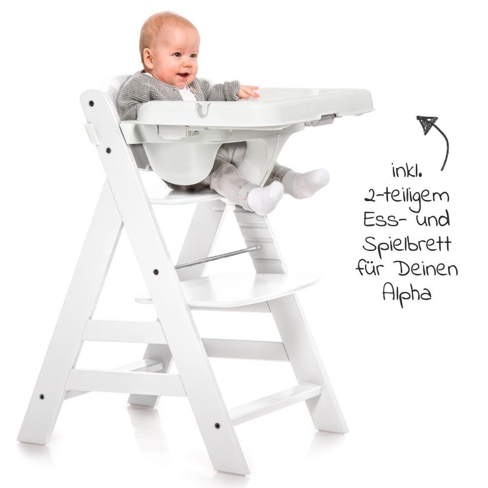 Hauck Hochstuhl Alpha Plus Weiß, Holz Kinderhochstuhl mit Essbrett, Sitzkissen verstellbar, mitwachsend