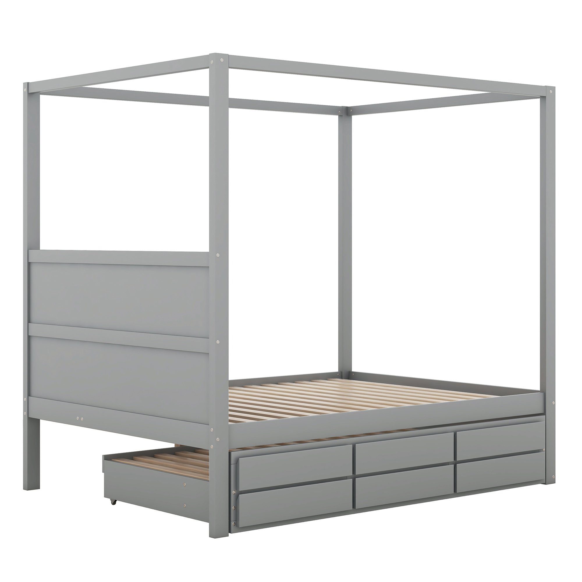 Celya Himmelbett 140 x 200 cm Pritsche mit ausziehbarem Einzelbett, und drei Ablagefächern, Grau