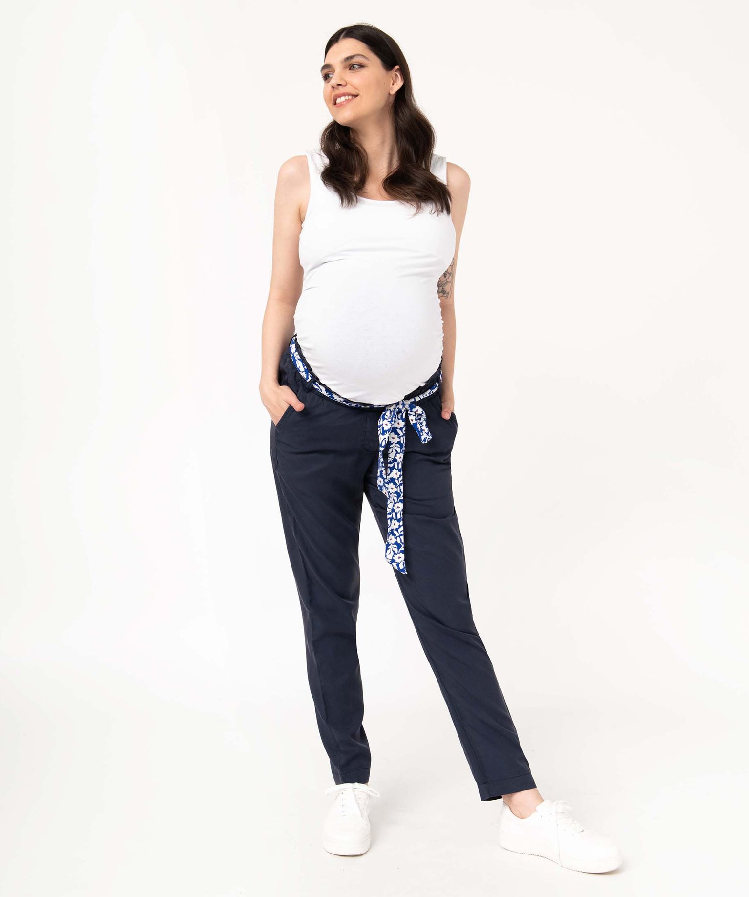 Pantalon de grossesse avec bandeau bas coupe carotte bleu | GEMO