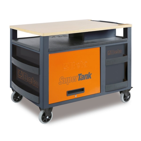 Mobilna delovna miza Beta 028003001 SuperTank z leseno delovno površino in 10 predali, 588x367 mm - oranžna