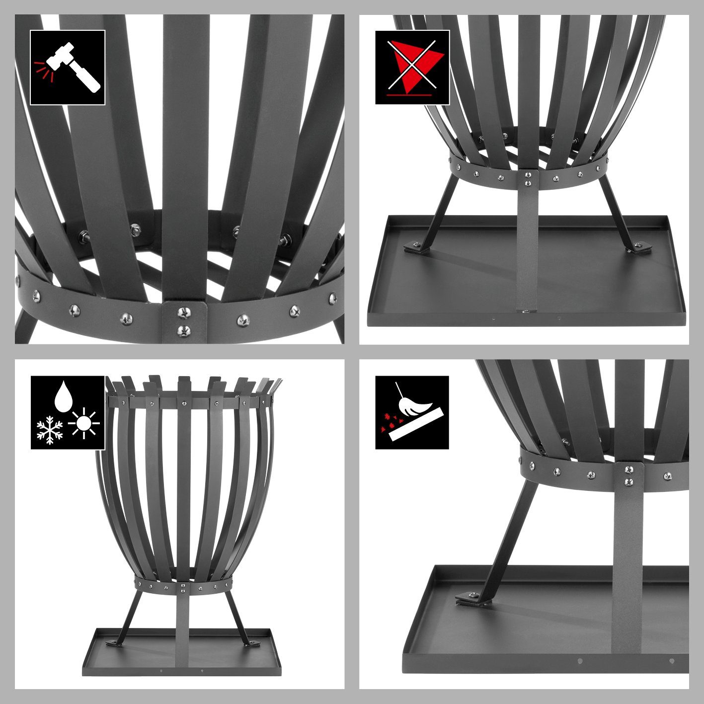 LANDMANN Feuerkorb Steel Stripes 44x65cm schwarz, 360° Sicht inkl. Bodenplatte
